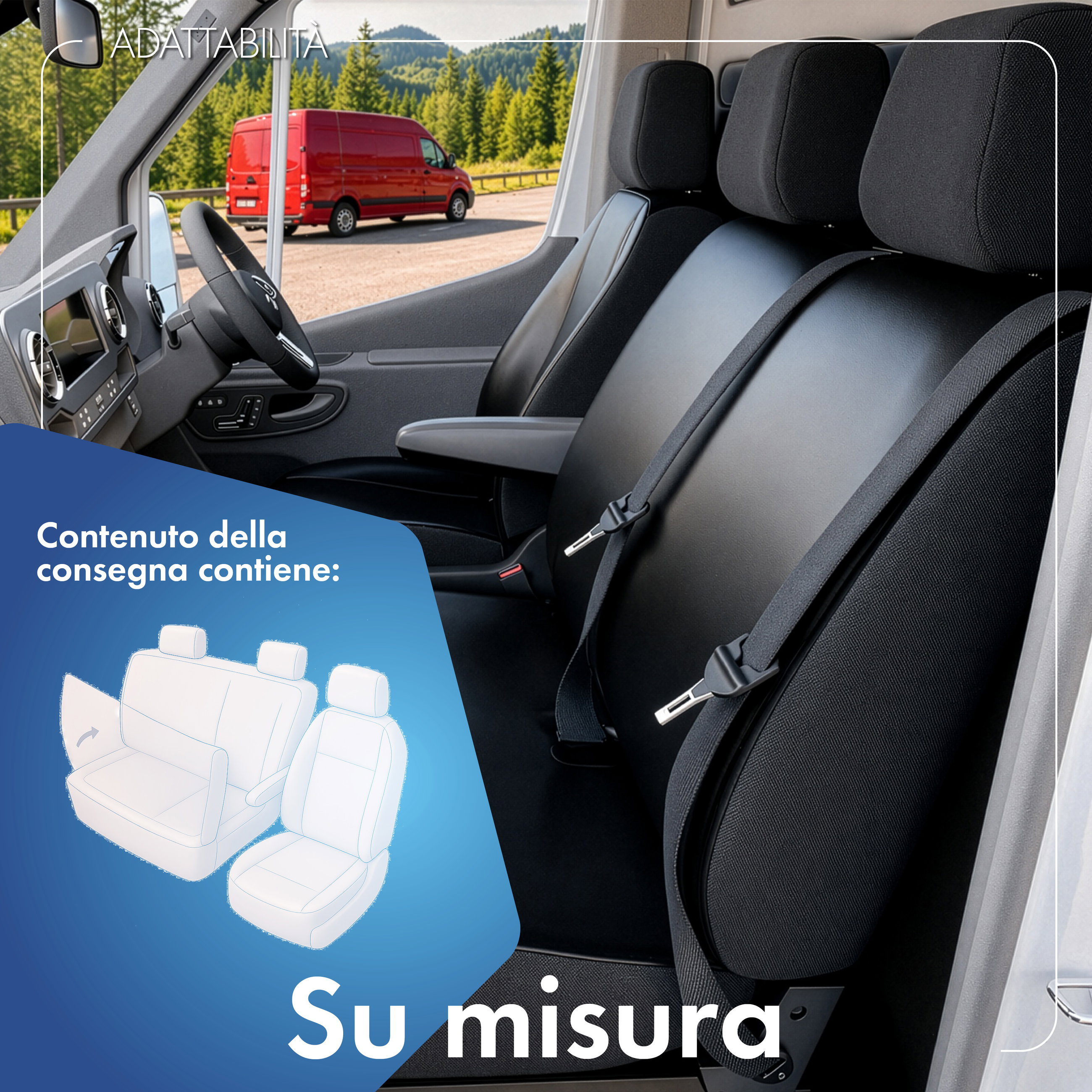 Transporter Coprisedili in similpelle per VW Crafter, Mercedes Sprinter, 1 sedile anteriore singolo (bracciolo) e sedile anteriore doppio ribaltabile