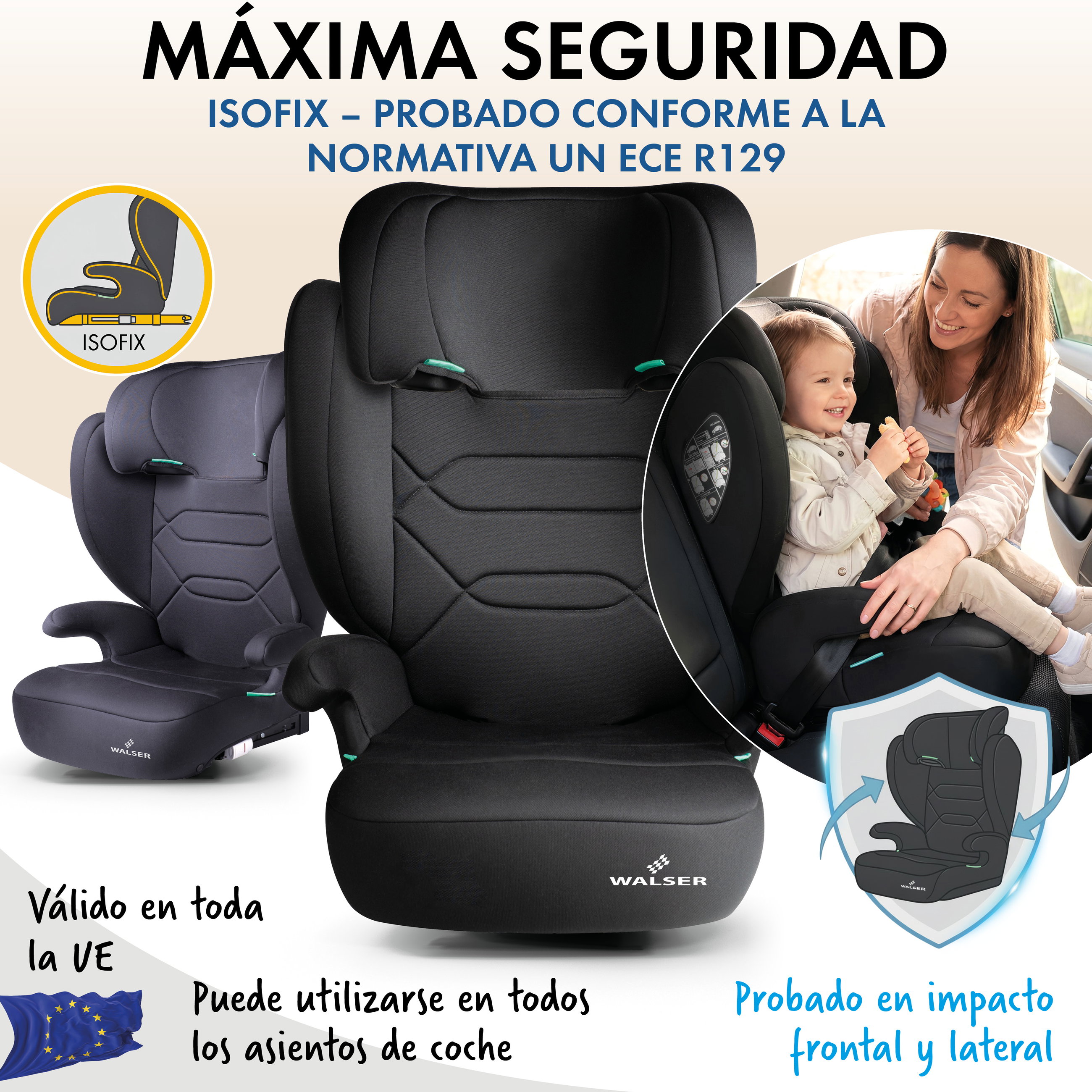 Silla infantil para coche Numa con rieles ISOFIX, cómoda silla infantil 100-150 cm, silla infantil 2 en 1 con respaldo desmontable y reposacabezas ajustable, homologada según la norma ECE R 129