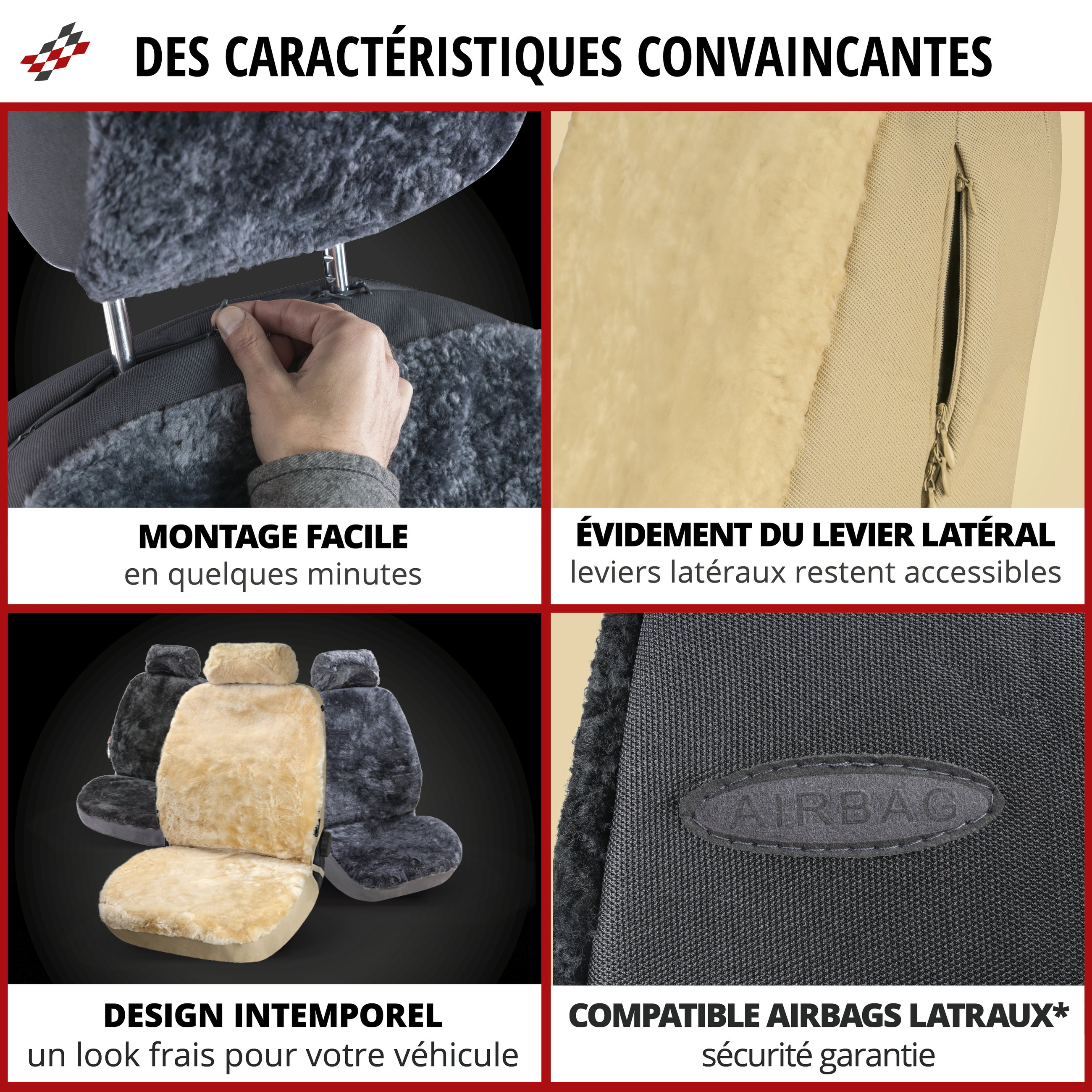 Housse de siège Iva en agneau noir avec système informatique ZIPP, 1 pièce
