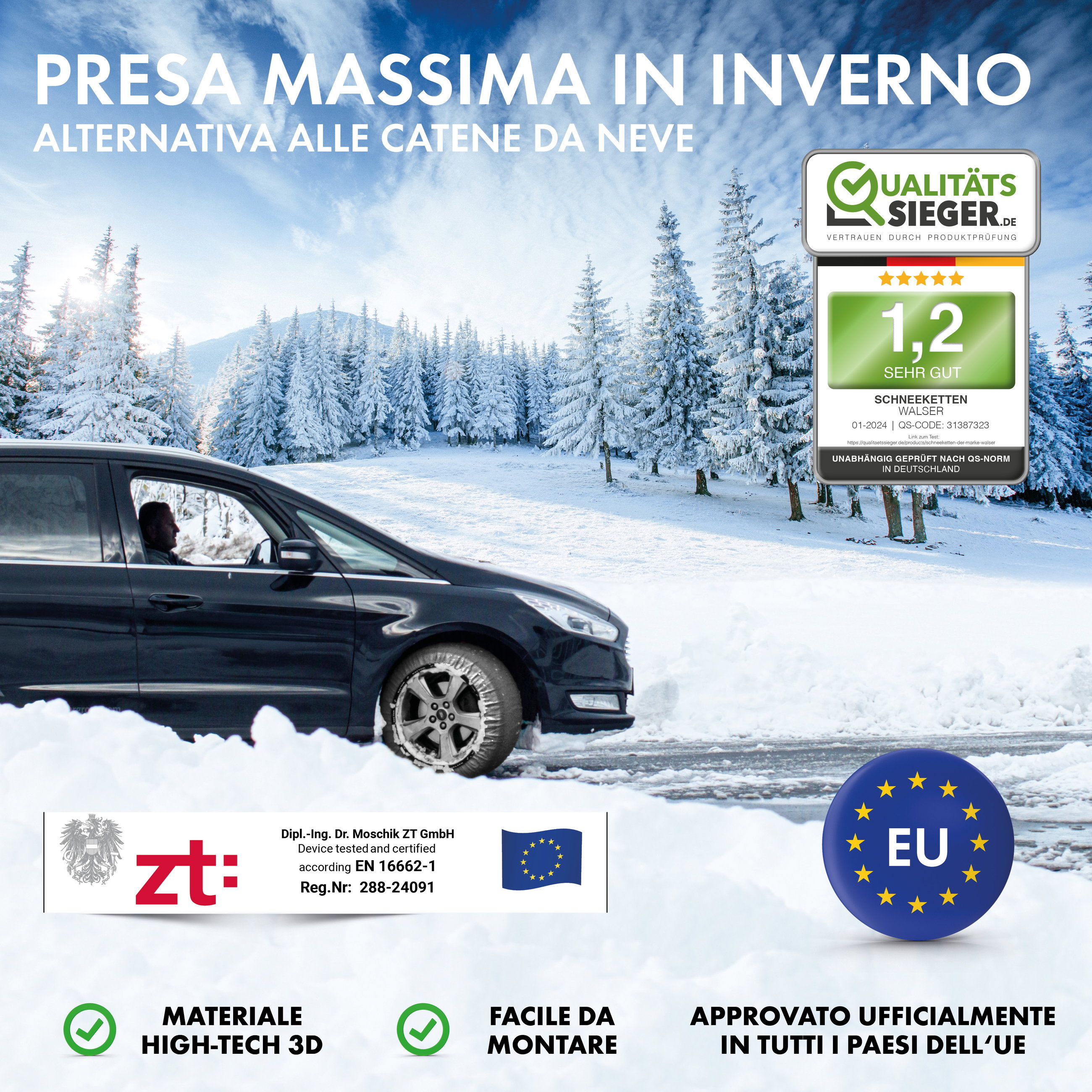 Catene da neve Premium Easygo L, catene da neve in tessuto omologato secondo lo standard UE 16662-1, calze da neve Set di 2 grigio/nero