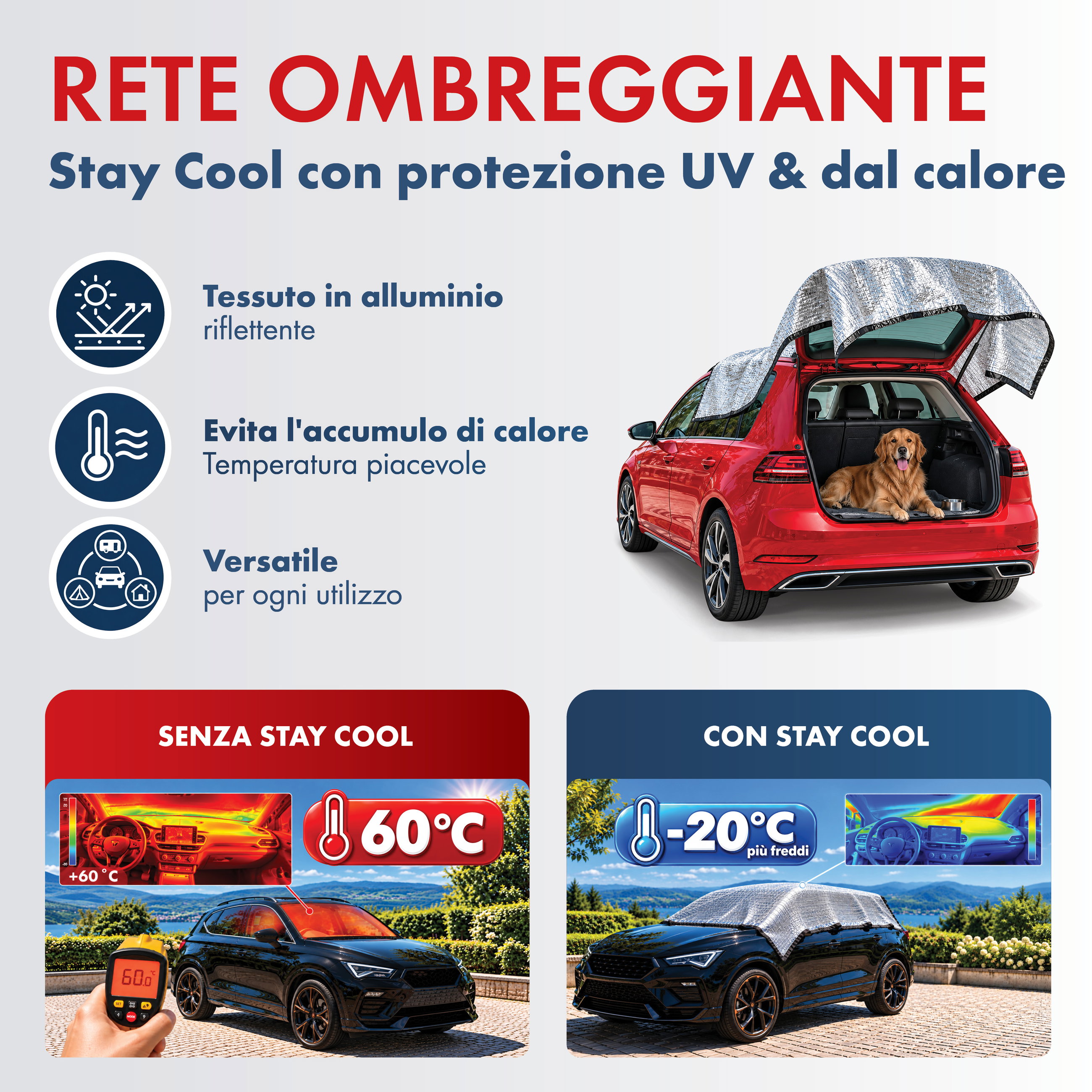 Rete parasole Stay Cool, rete ombreggiante per auto (fino a 20 °C piu fresco), protezione solare per cani con protezione UV, vela ombreggiante, ombreggiatore per auto argento 4x6m