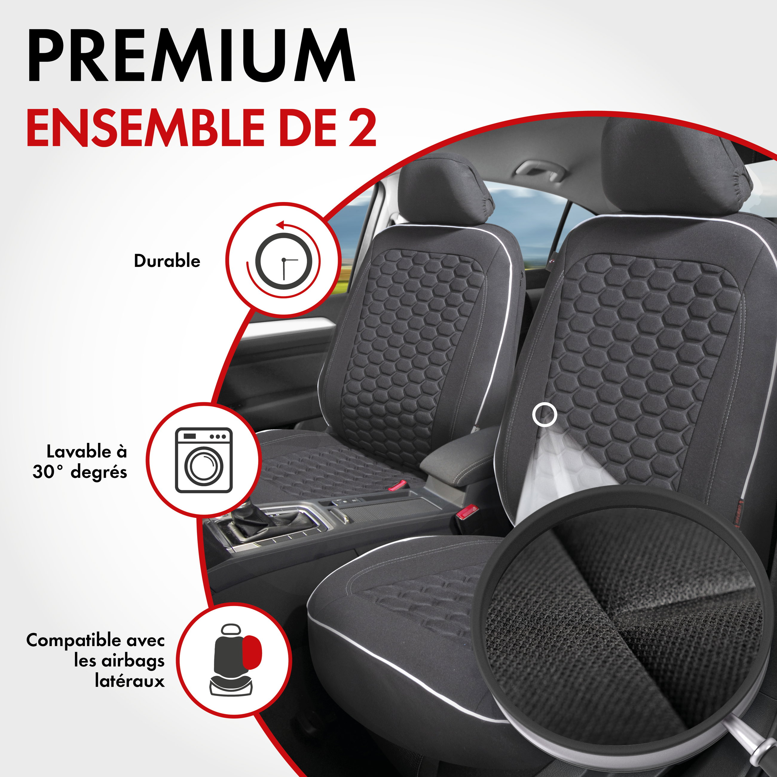 ZIPP IT Premium Housse de sièges Kendal pour deux sièges avant avec système de fermeture éclair noir/blanc