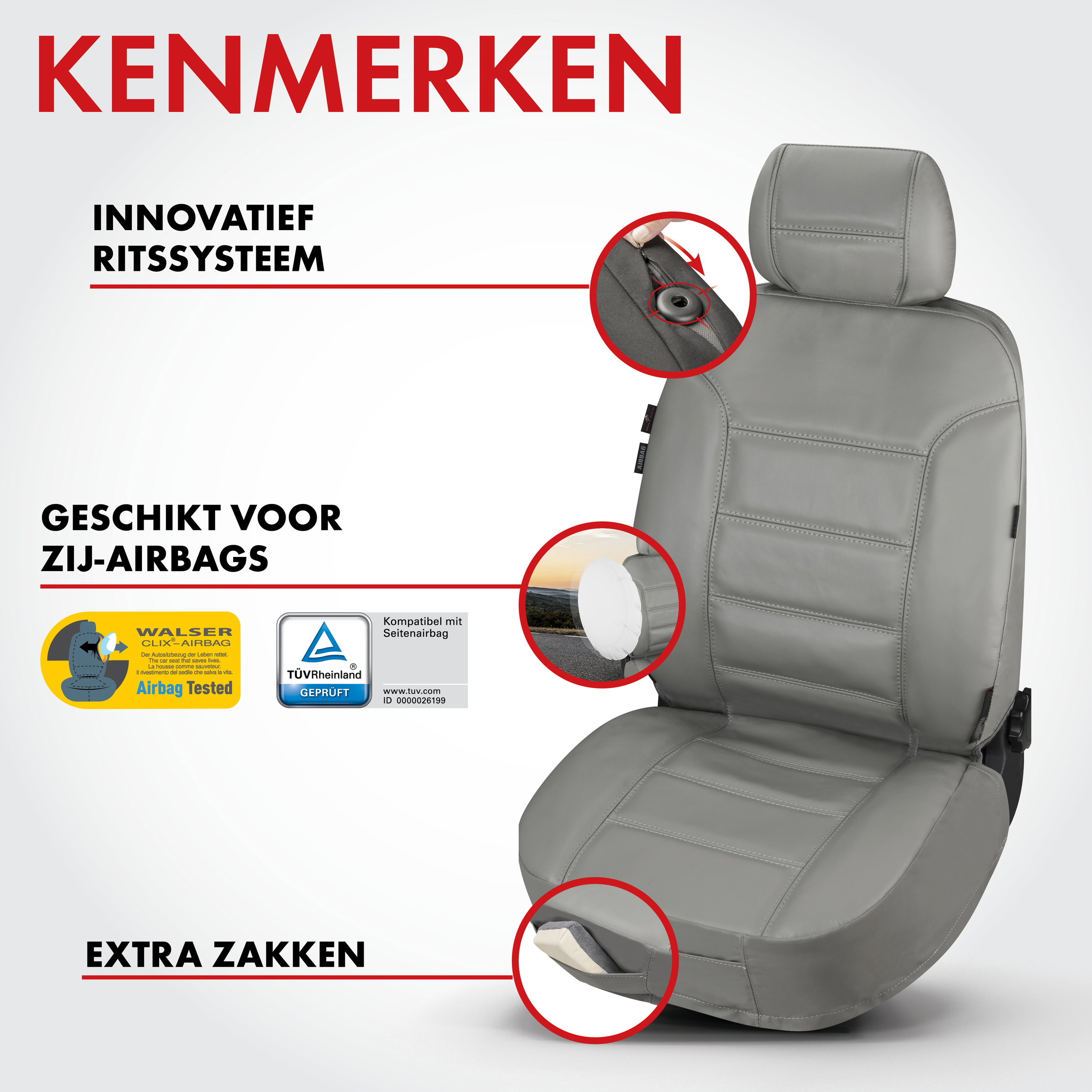 Autostoelhoes Billy van echt leer grijs ZIPP-IT, 1 stuk