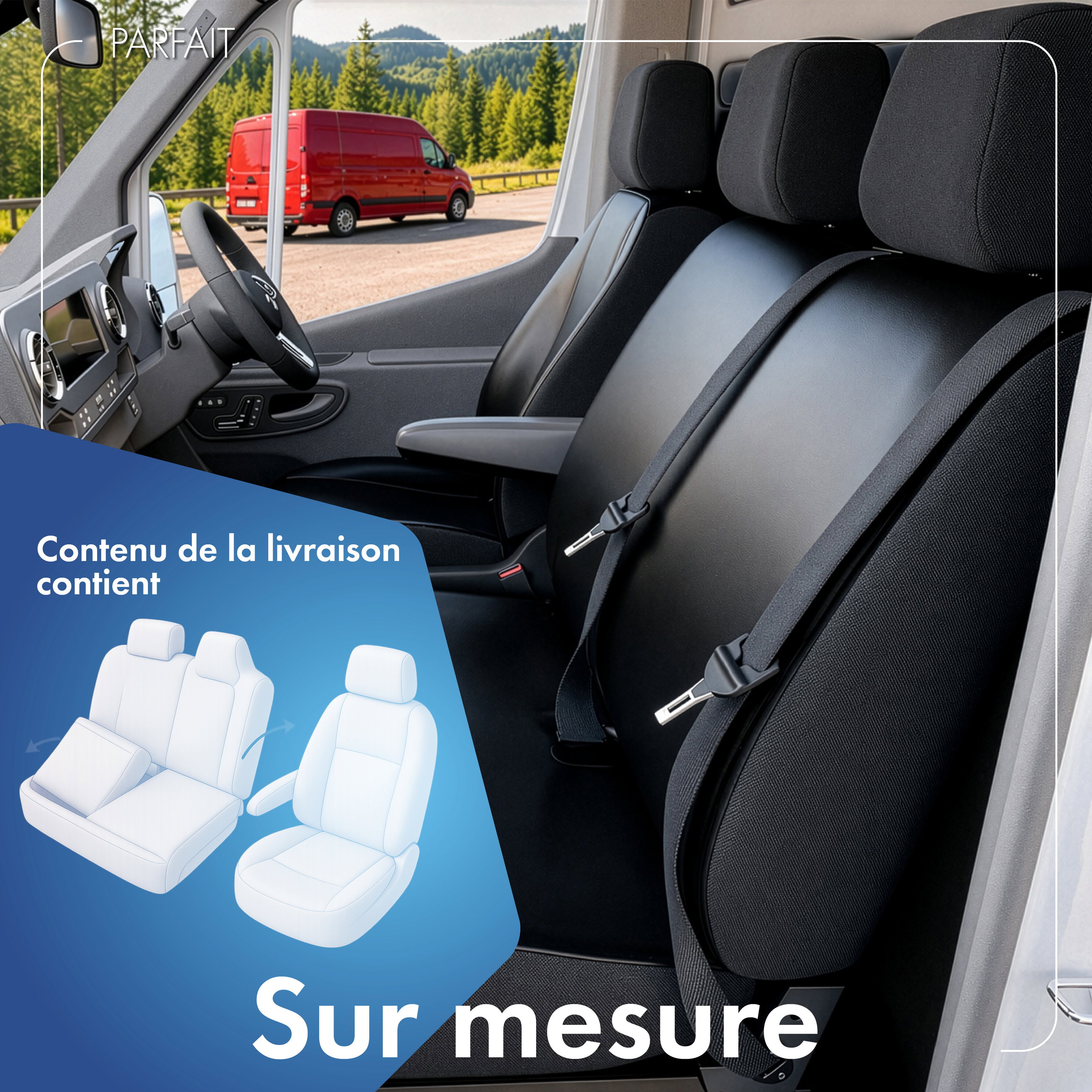 Housse de siège Transporter en simili cuir pour Opel Movano, Renault Master, Nissan Interstar, 1 siège individuel à l'avant (évidement accoudoir) & double siège à l'avant