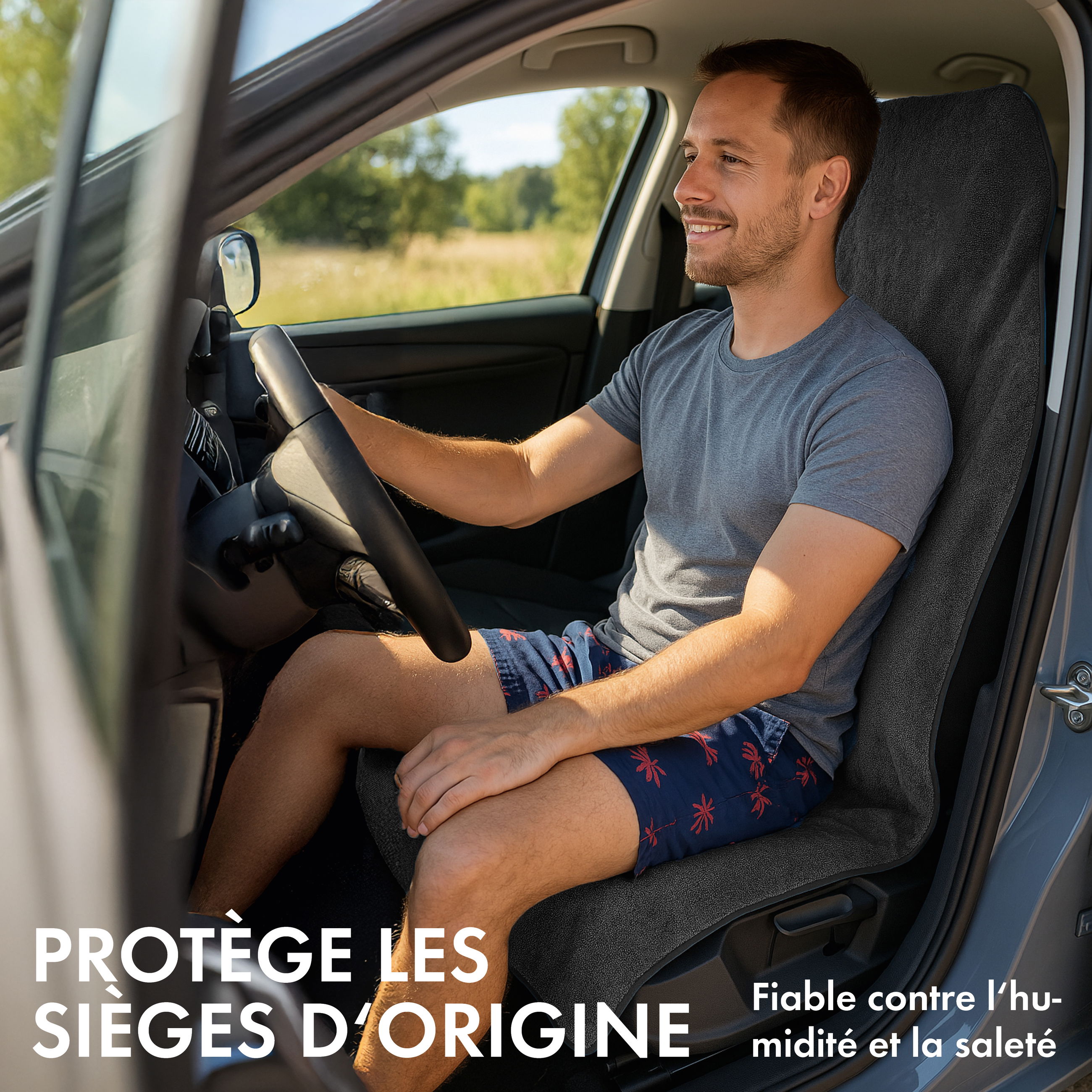 Autoinnenraum, Fahrer, graues T-Shirt, blaue Shorts, Sitzbezug Auto