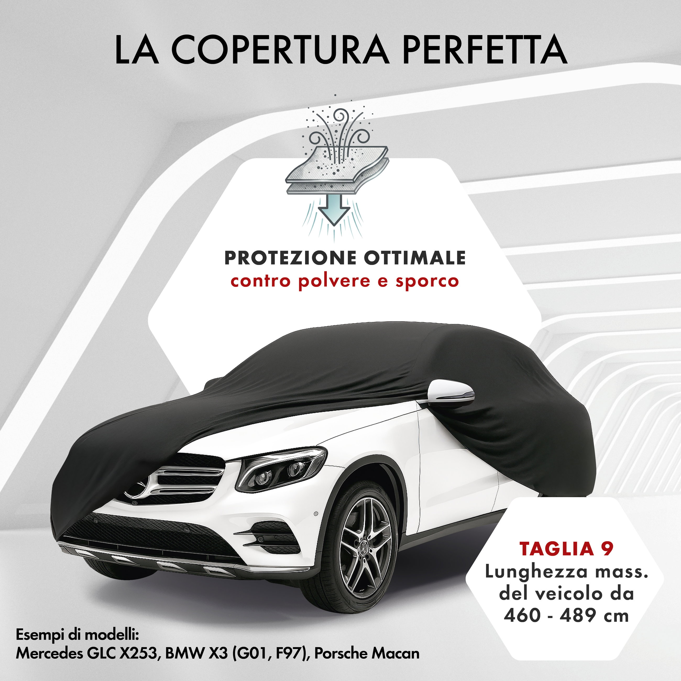 Telo Copriauto da interno Indoor Stretch, Copertura protettiva per uso interno Misura 9 SUV/VAN nero