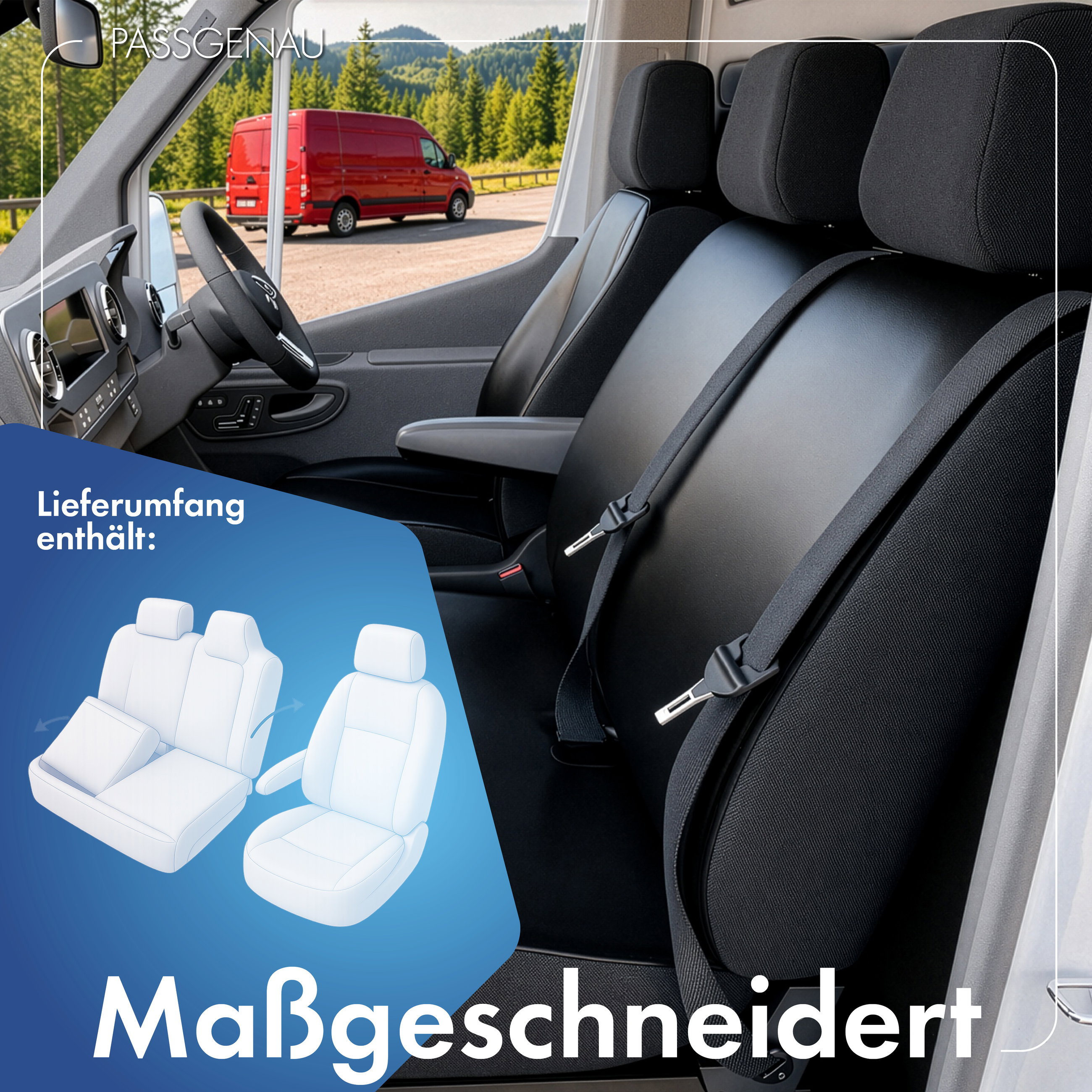 Opel Movano B, Renault Master 3, Nissan NV400 kompatibler Sitzbezug Kunstleder, passgenau für Einzelsitz vorne (Ausnehmung Armlehne) + Doppelsitz vorne, robuste Sitzbezüge Transporter/Van anthrazit