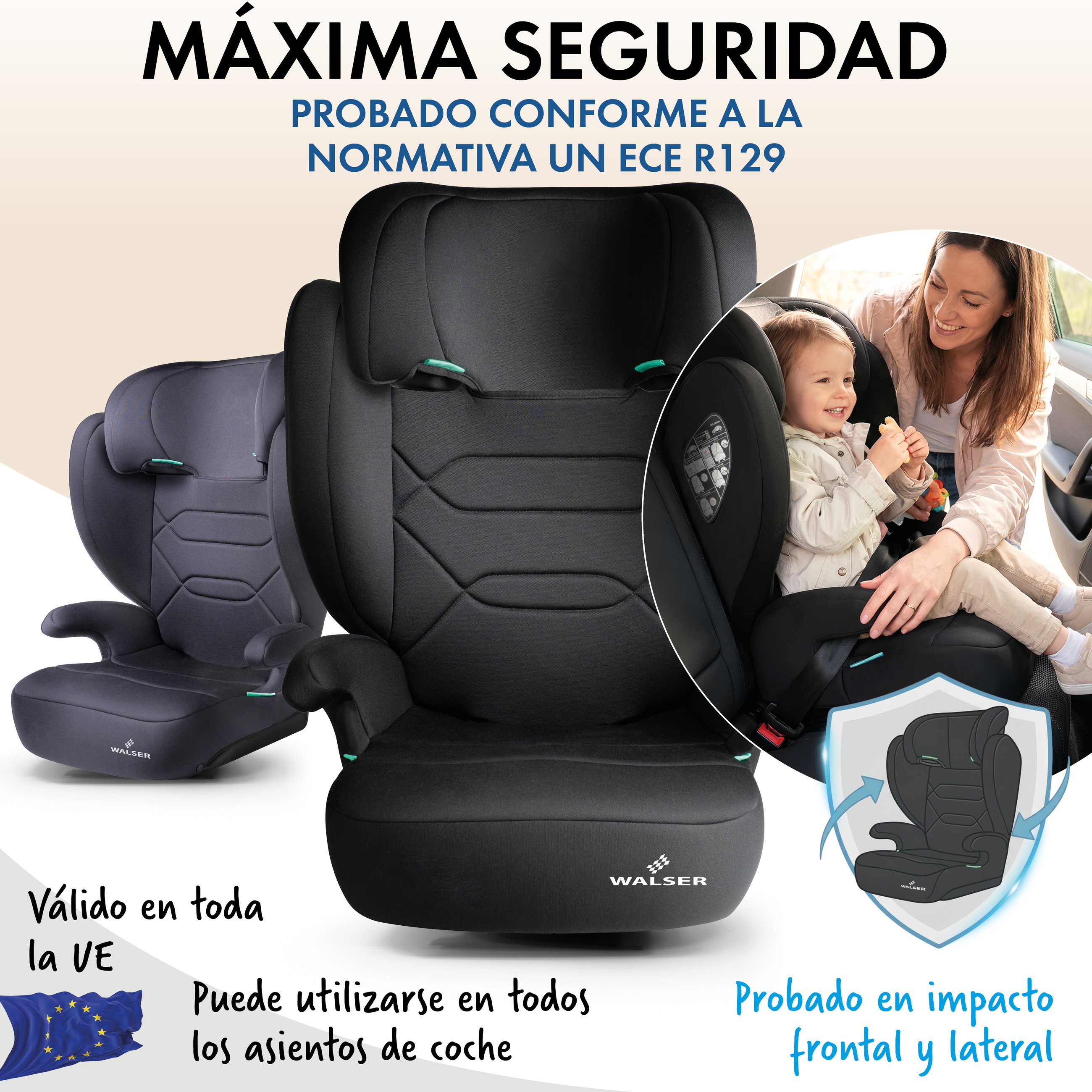 Asiento infantil coche Numa, cómodo asiento infantil (3-8 años) 100-150 cm, 2in1 coche asiento infantil con desmontable respaldo y mitwachsender reposacabezas ECE R 129 certificado negro