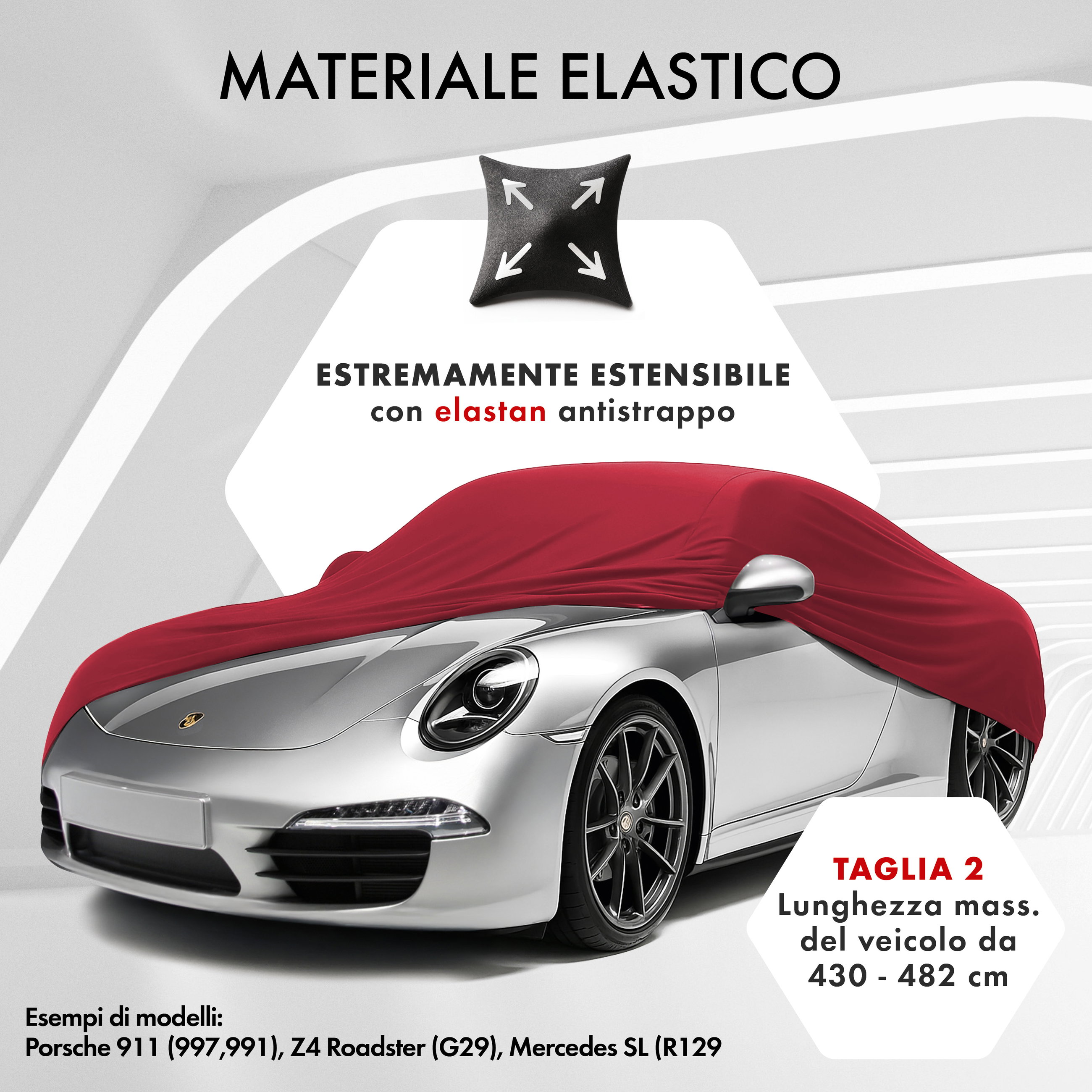 Premium Telo Copriauto da interno Indoor Stretch Plus, Copertura protettiva per uso interno Misura 2 Auto rosso