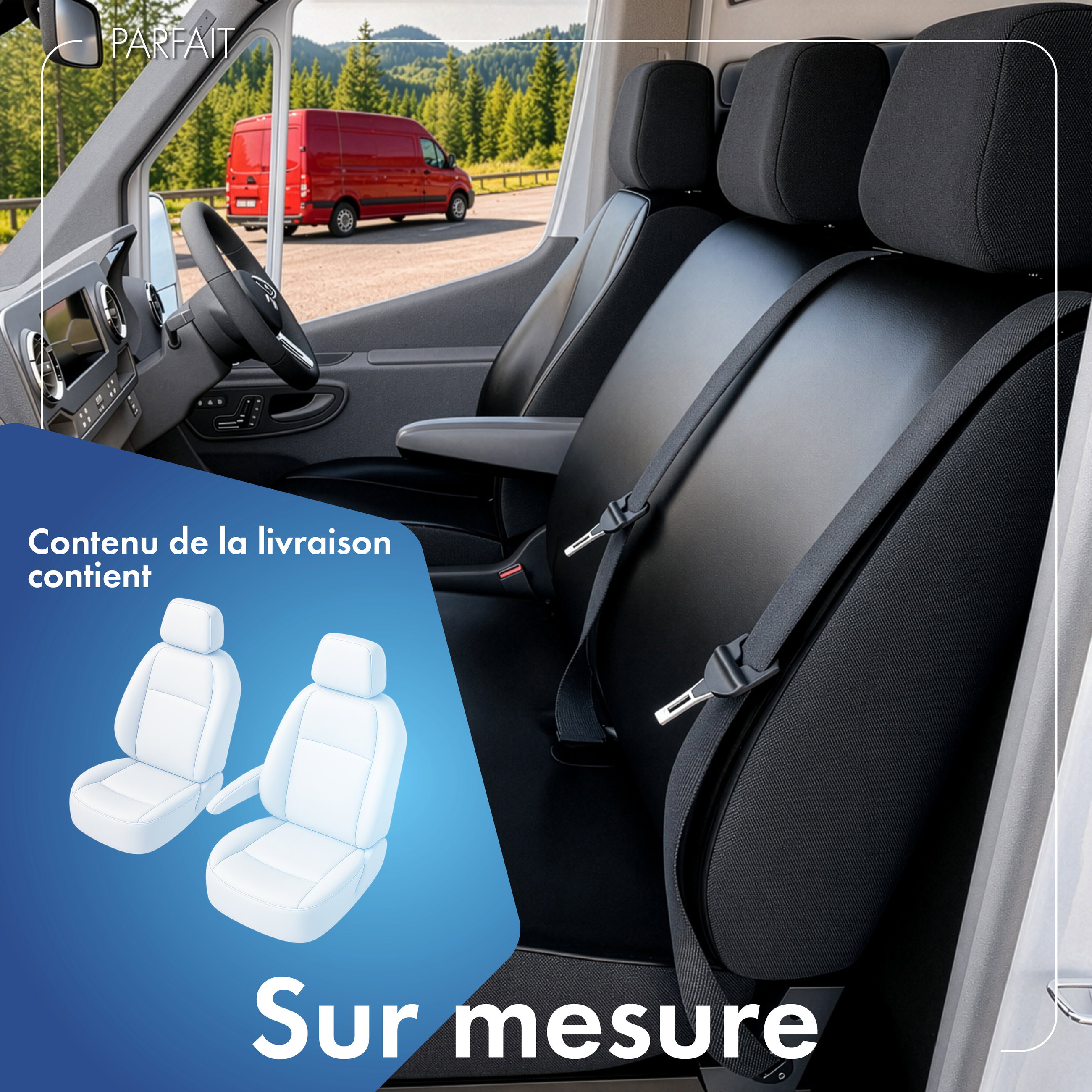 Housse de siège Transporter en simili cuir pour Ford Transit Courier, 1 siège individuel conducteur (encoche accoudoir droit) & siège individuel passager