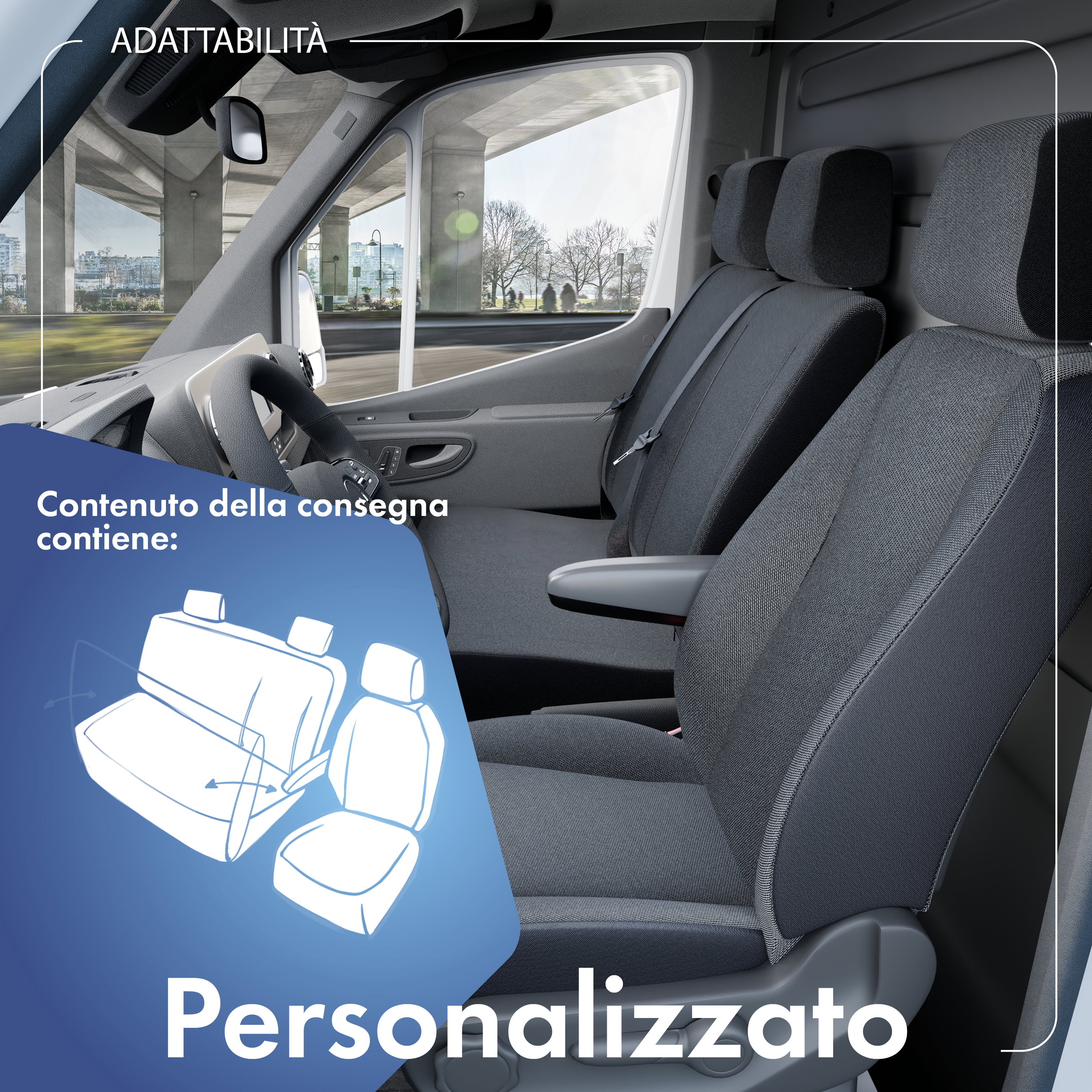 Transporter Coprisedili in tessuto per VW Crafter, Mercedes Sprinter, 1 sedile anteriore singolo (bracciolo) e sedile anteriore doppio ribaltabile