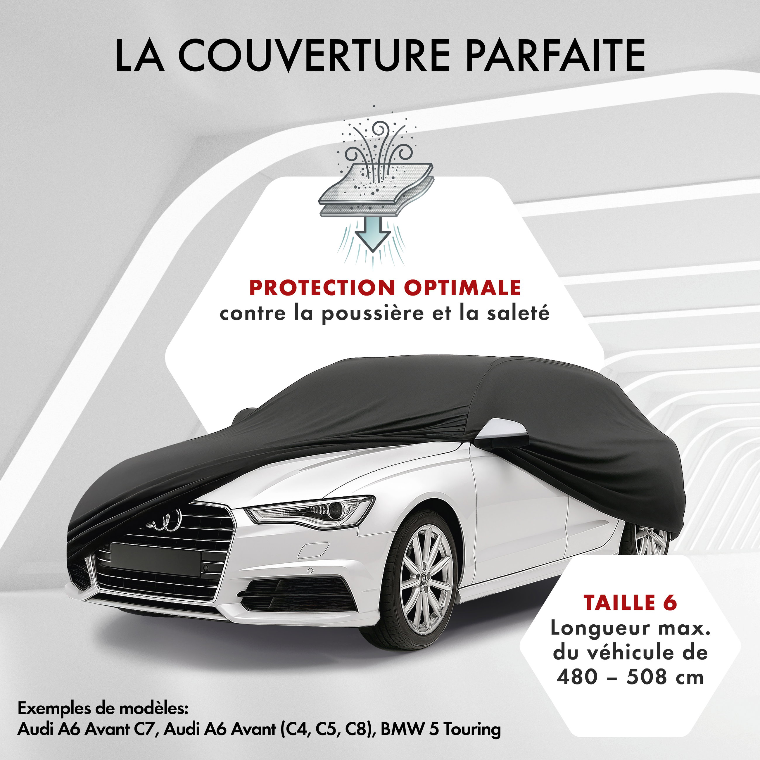 Housse de voiture Indoor Stretch, bâche complet pour l'interieur taille 6 Break noir
