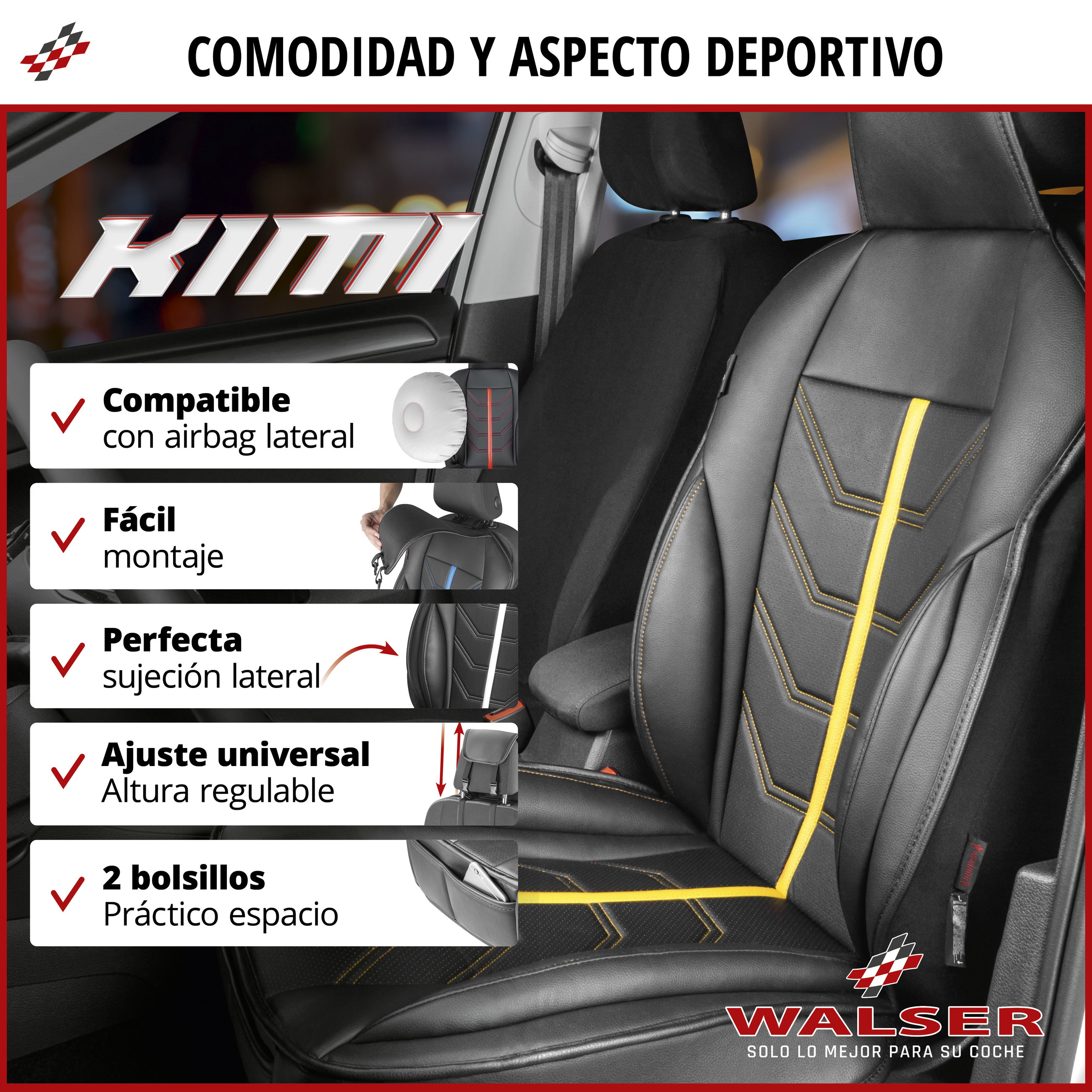 Cojín de asiento Kimi, protector de asiento con diseño deportivo de carreras negro/amarillo, 1 pieza