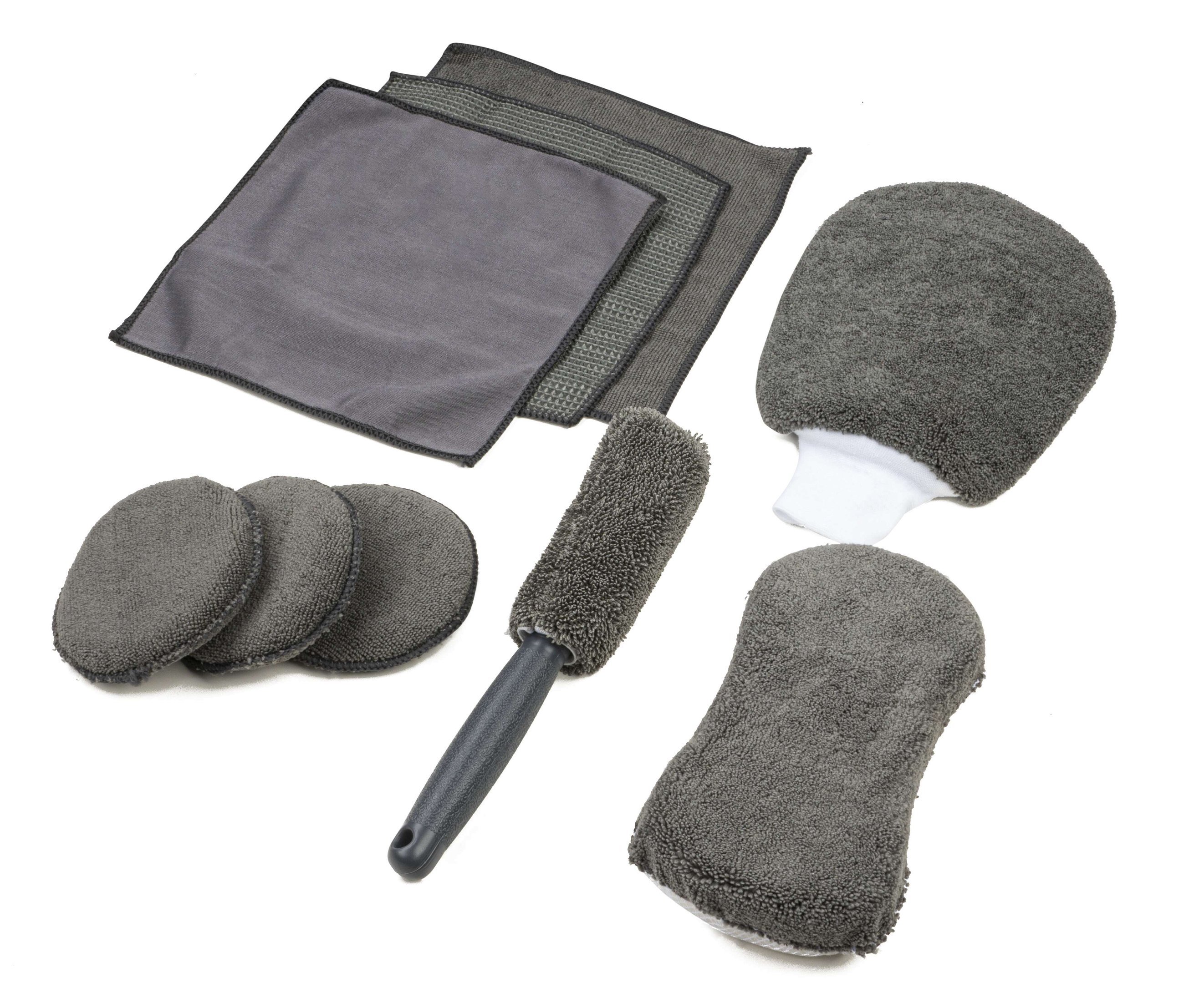 img_prd_16171_cleaning_tools_set__sall__aec__v1 Kit d'entretien voiture, 9 pièces, y compris chiffons en microfibre, tampons en microfibre, éponge, brosse et gant