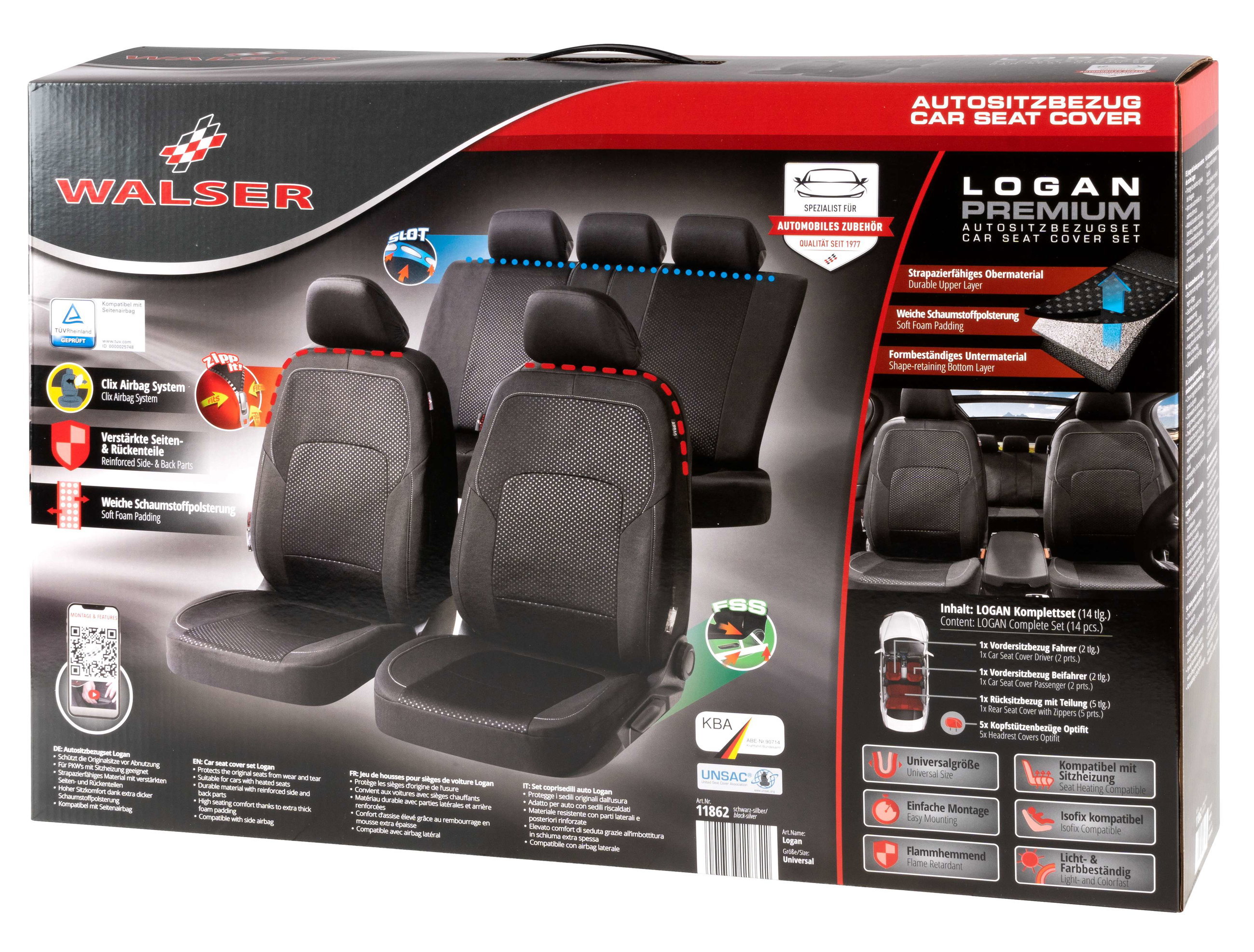 ZIPP IT Premium Housse de sièges Logan complet avec système de fermeture éclair noir/argent