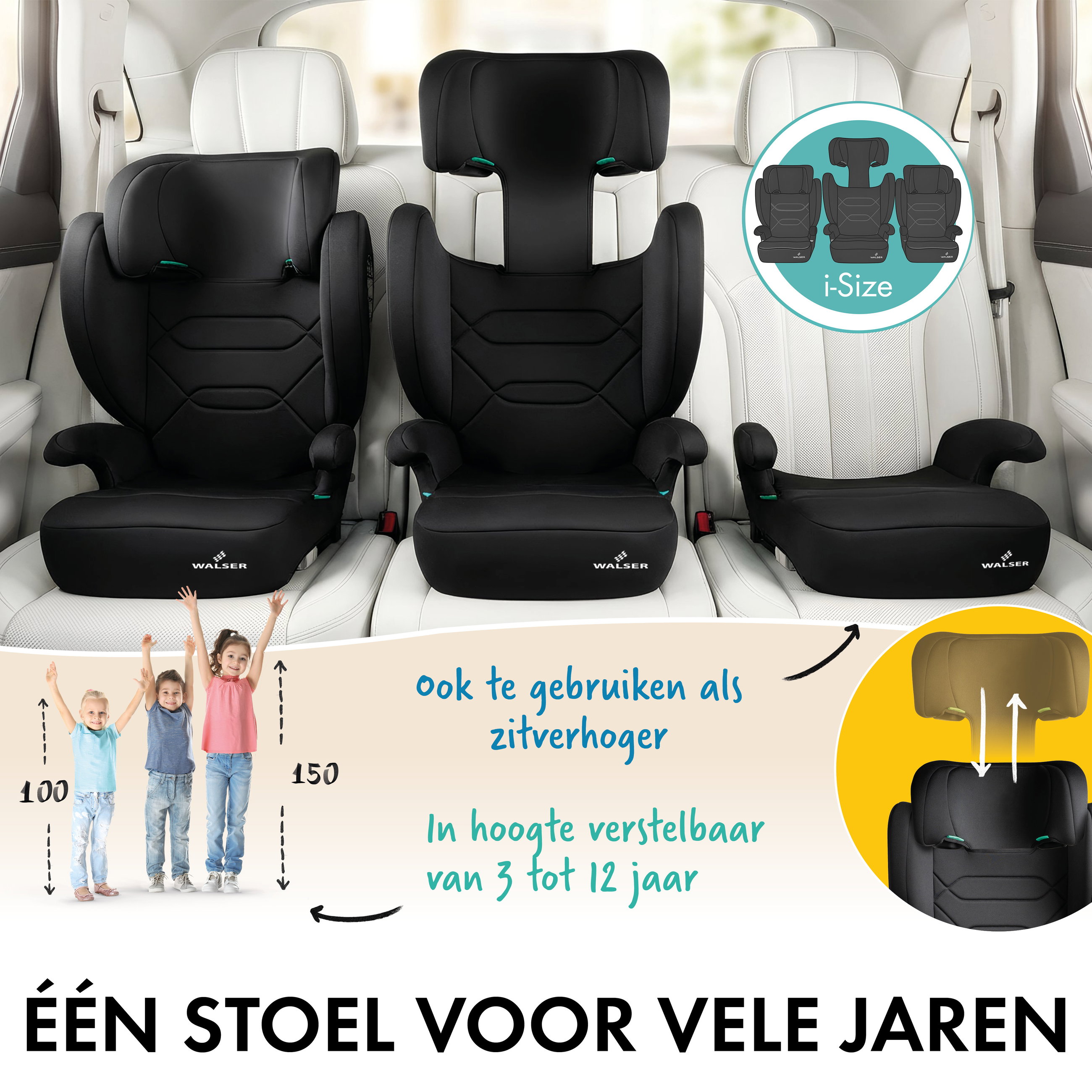Autokinderzitje Numa met ISOFIX-rails, comfortabel kinderzitje (3-8 jaar) 100-150 cm, 2in1 autokinderzitje met afneembare rugleuning en verstelbare hoofdsteun ECE R 129 gecertificeerd antraciet