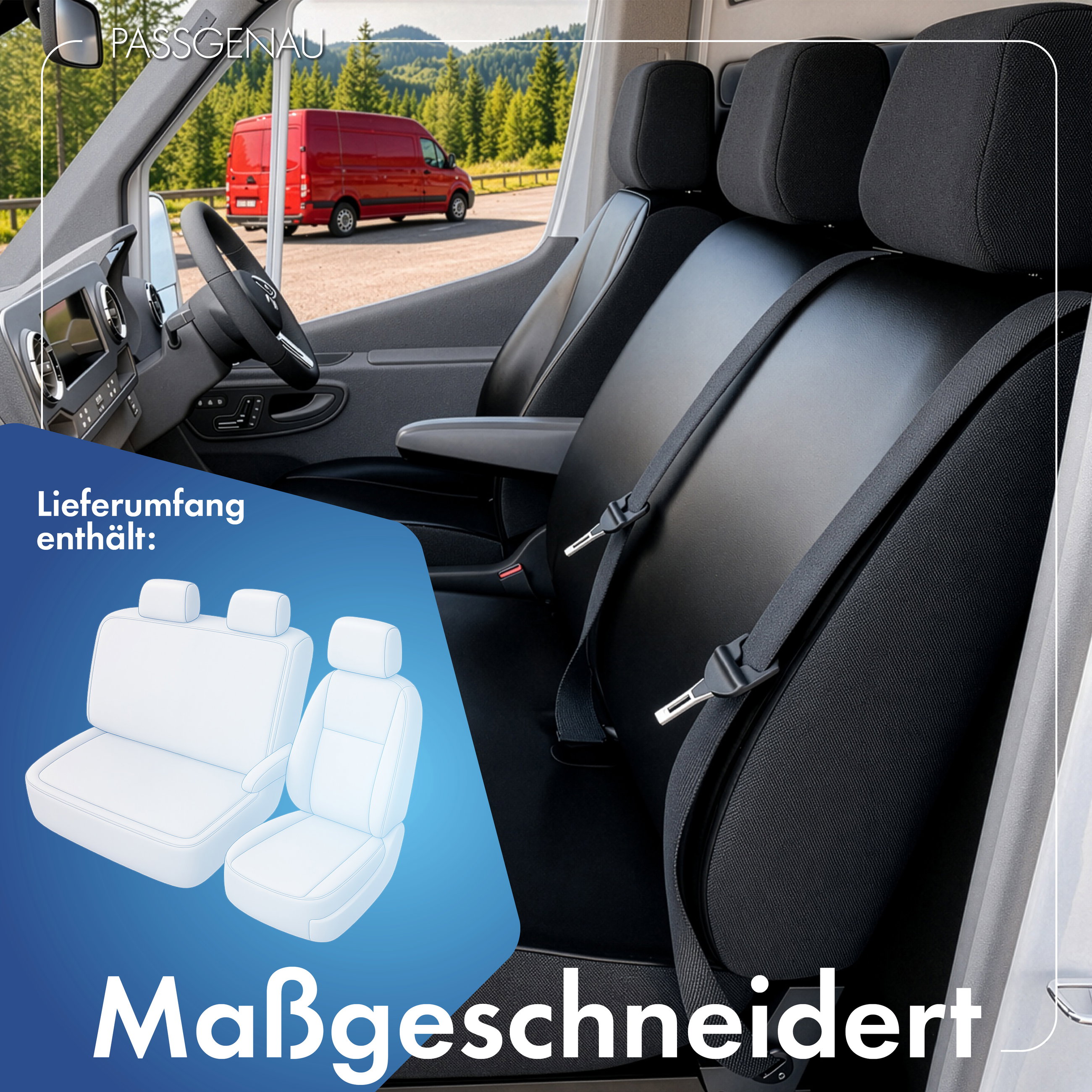 Iveco Daily 4 kompatibler Sitzbezug Kunstleder, passgenau für Einzelsitz vorne (Ausnehmung Armlehne) + Doppelbank vorne, robuste Sitzbezüge Transporter/Van anthrazit
