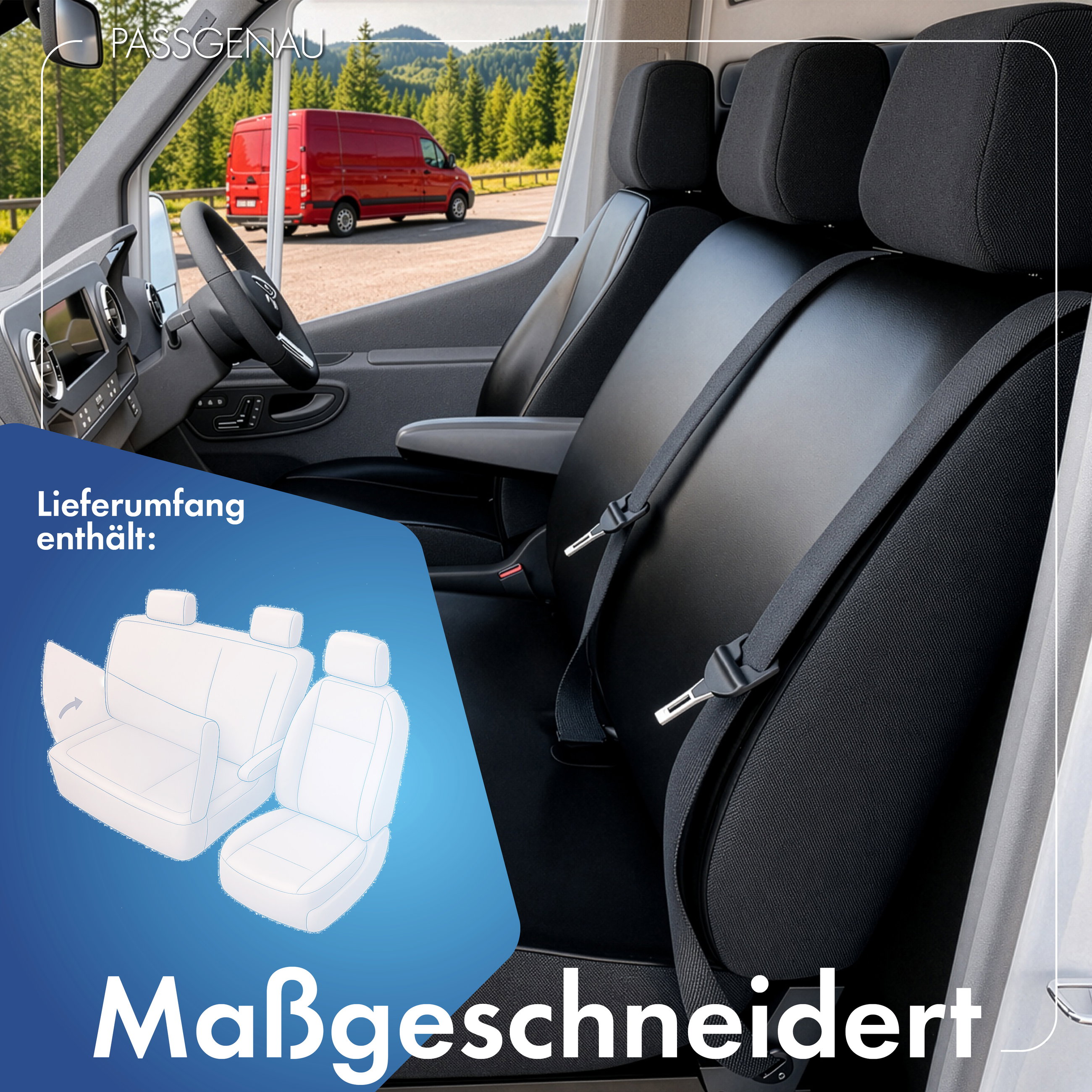 Mercedes-Benz Sprinter, VW Crafter kompatibler Sitzbezug Kunstleder, passgenau für Einzelsitz vorne (Ausnehmung Armlehne) + Doppelbank vorne Sitzbank klappbar (Ausnehmung Tisch), robuste Sitzbezüge Transporter/Van anthrazit