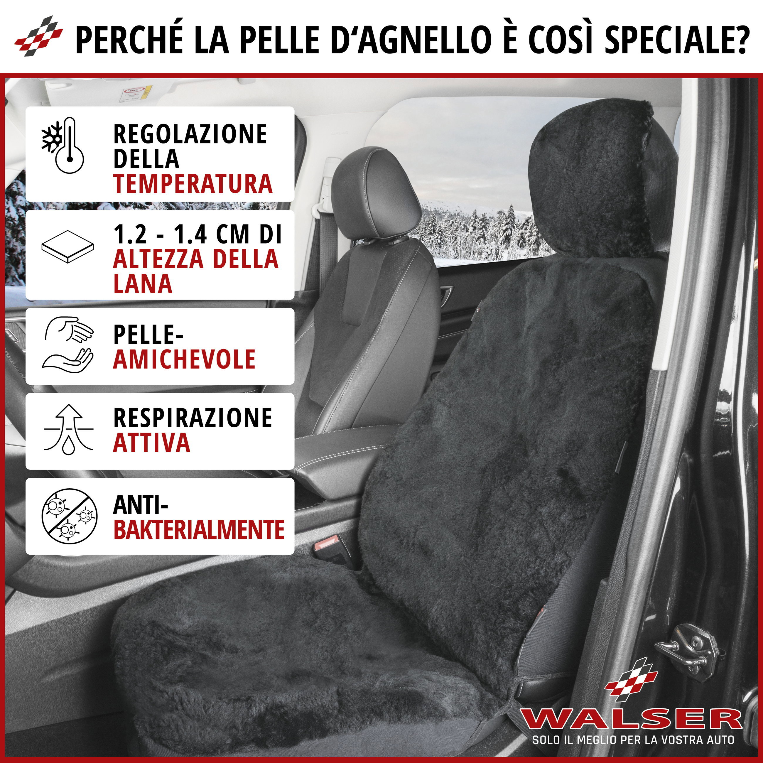 Coprisedili auto Iva in pelle d'agnello nero con sistema informatico ZIPP, 1 pezzo