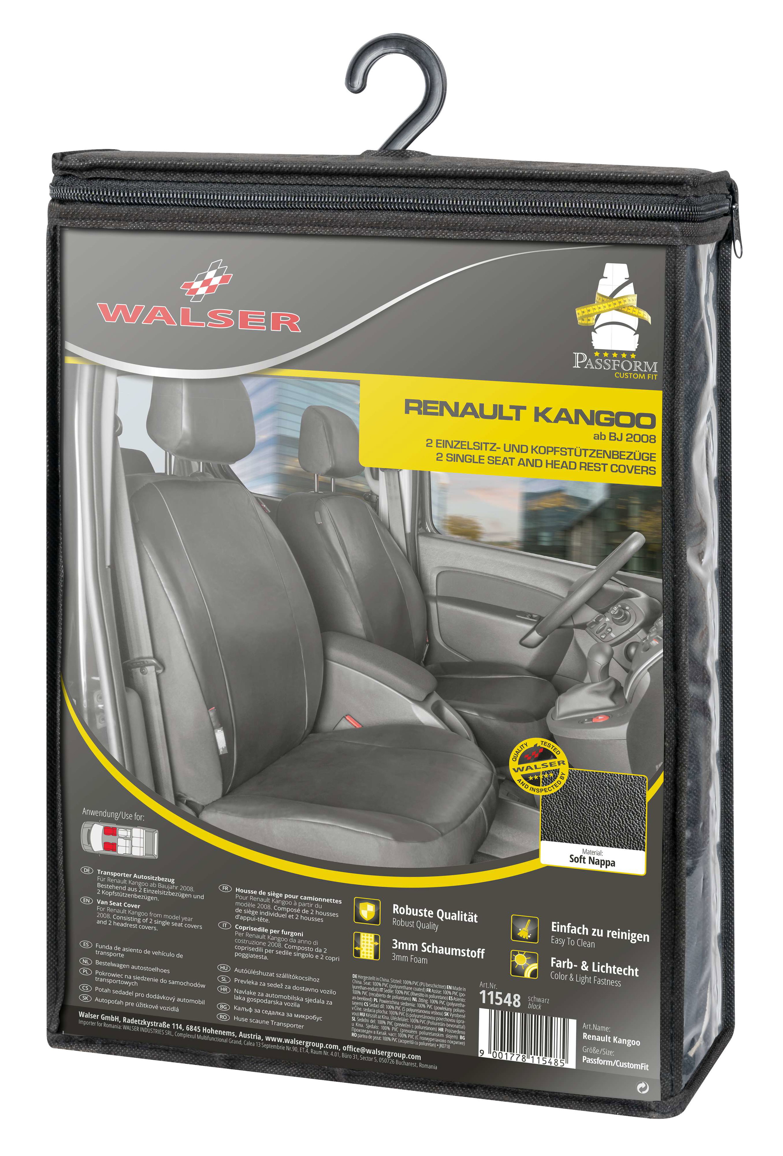 Housse de siège Transporter en simili cuir pour Renault Kangoo type W, 2 sièges avant simples