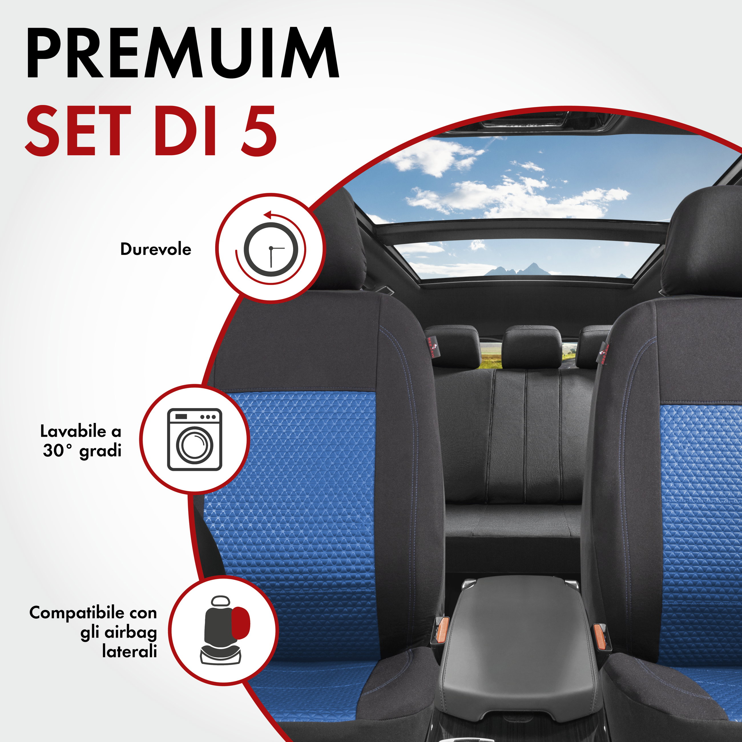 ZIPP IT Premium Coprisedili Avignon set completo con sistema di chiusura lampo nero/blu