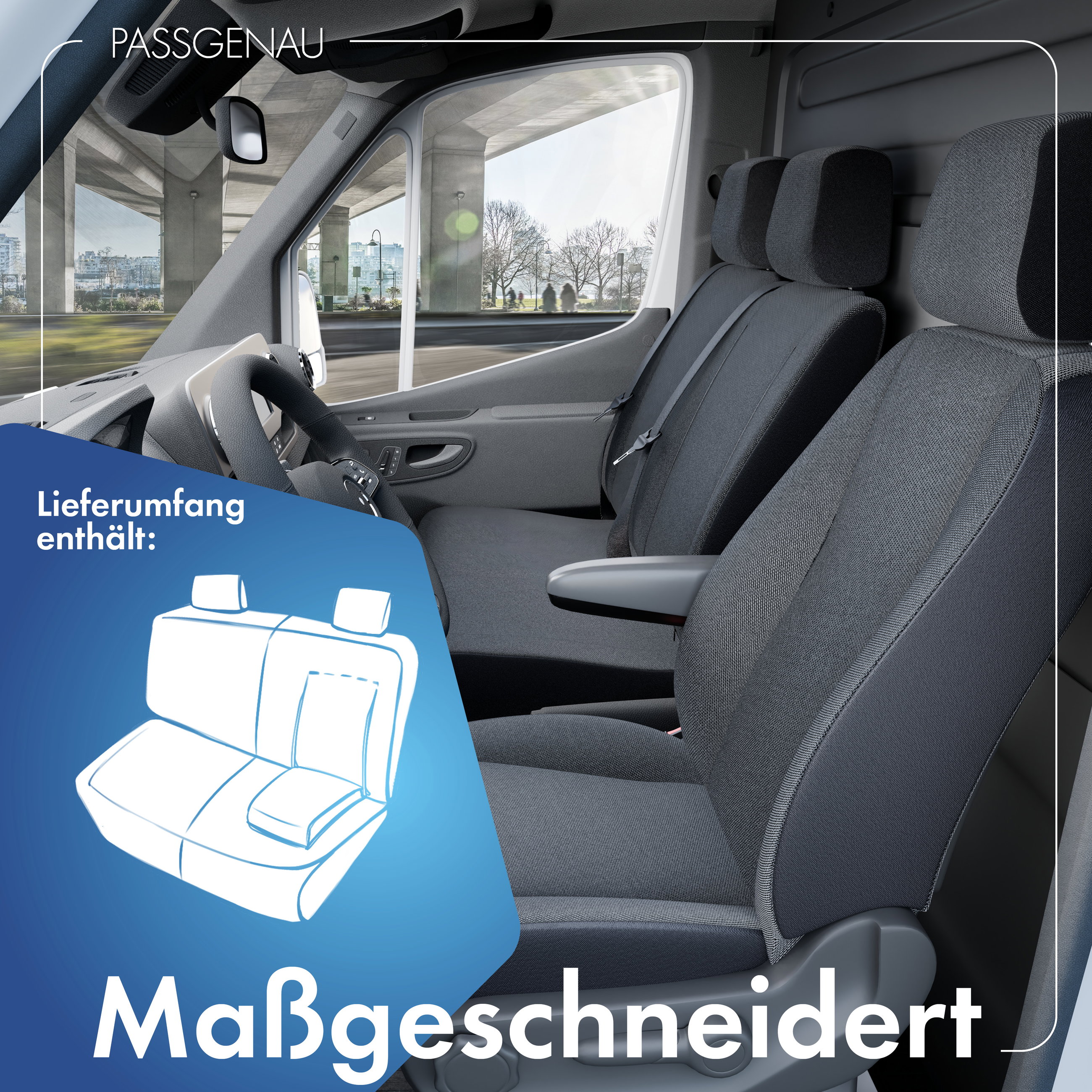 Ford Transit V363/Transit Connect V408 kompatibler Sitzbezug Stoff, passgenau für Doppelbank vorne Sitzbank teilbar, robuste Sitzbezüge Transporter/Van anthrazit
