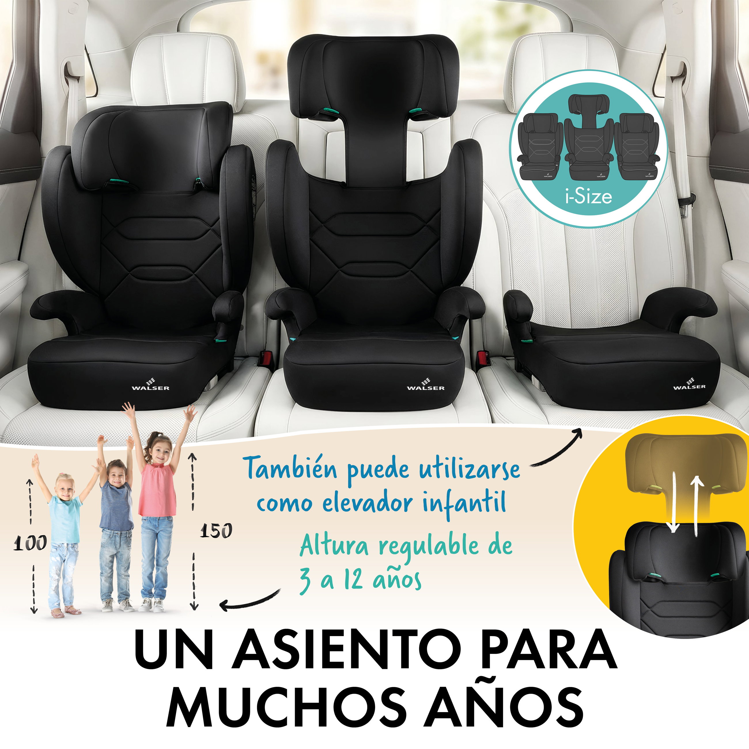 Asiento infantil coche Numa, cómodo asiento infantil (3-8 años) 100-150 cm, 2in1 coche asiento infantil con desmontable respaldo y mitwachsender reposacabezas ECE R 129 certificado negro