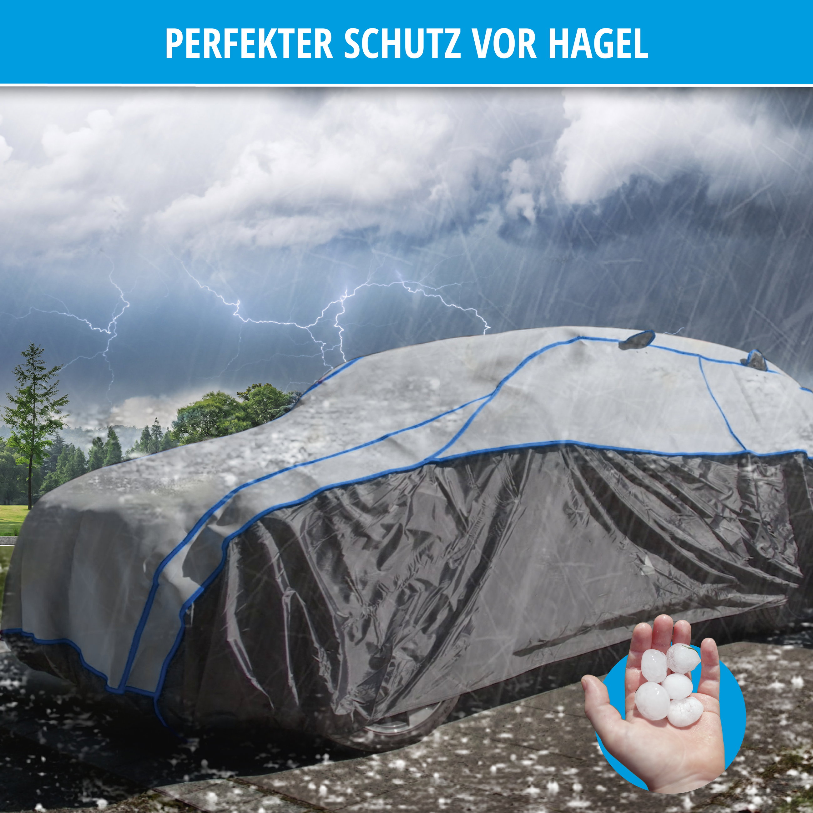 PKW Hagelschutzplane Comfort Protect, Größe 3, Hagelschutz bis 1,9 cm, silber/blau