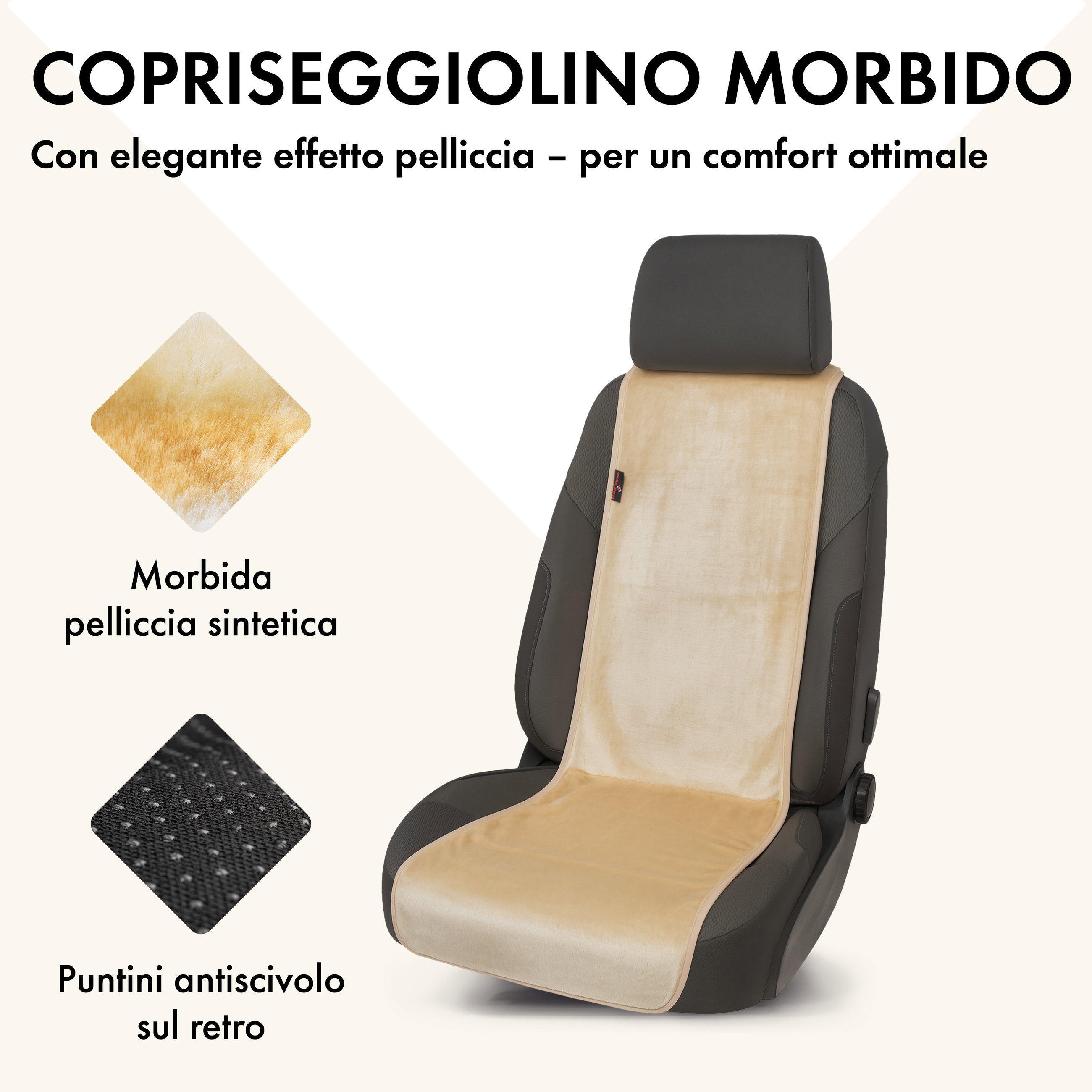 Coprisedile auto Teddy, protezione sedile auto in pelliccia sintetica per sedile singolo, rivestimento in pelliccia sintetica beige, 1 pezzo