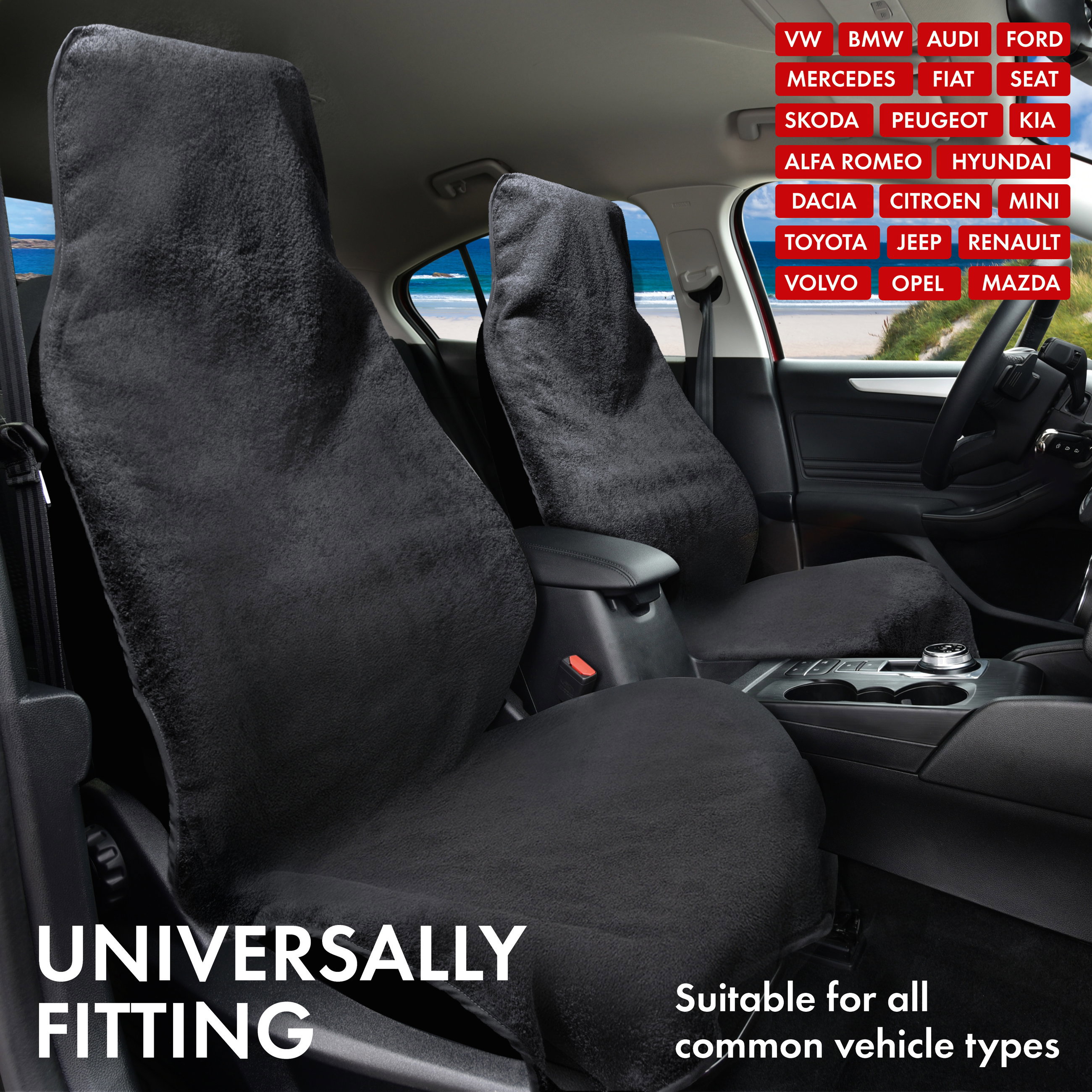 Car seat cover terry cloth, car seat protector washable black, 2 pieces