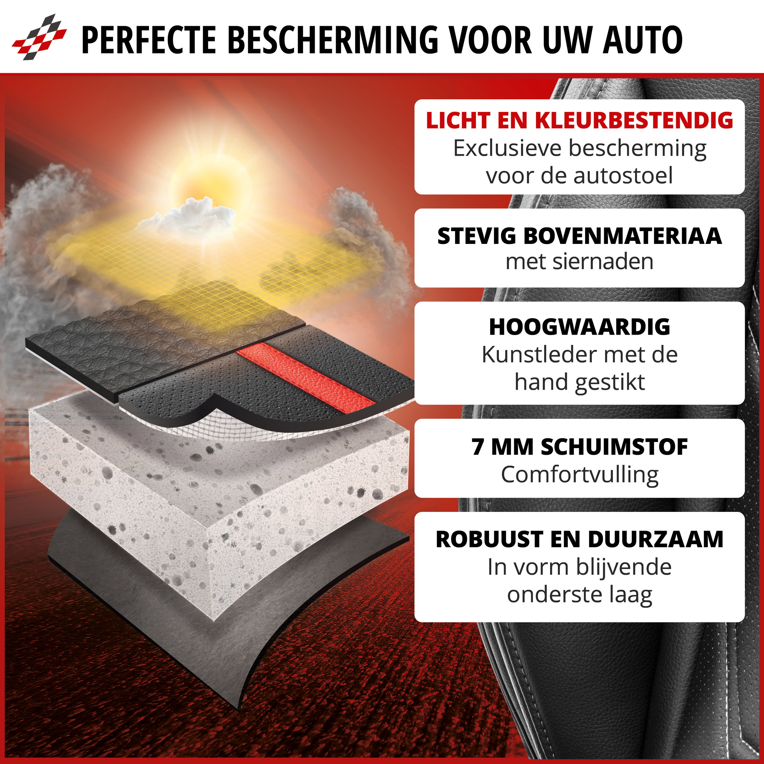 autostoel bescherming, kussen, schuimstof, lagen, kunstleder, autostoelbescherming, kuitstoflaag, laag met siernaden, 7 mm schuim, duurzaam