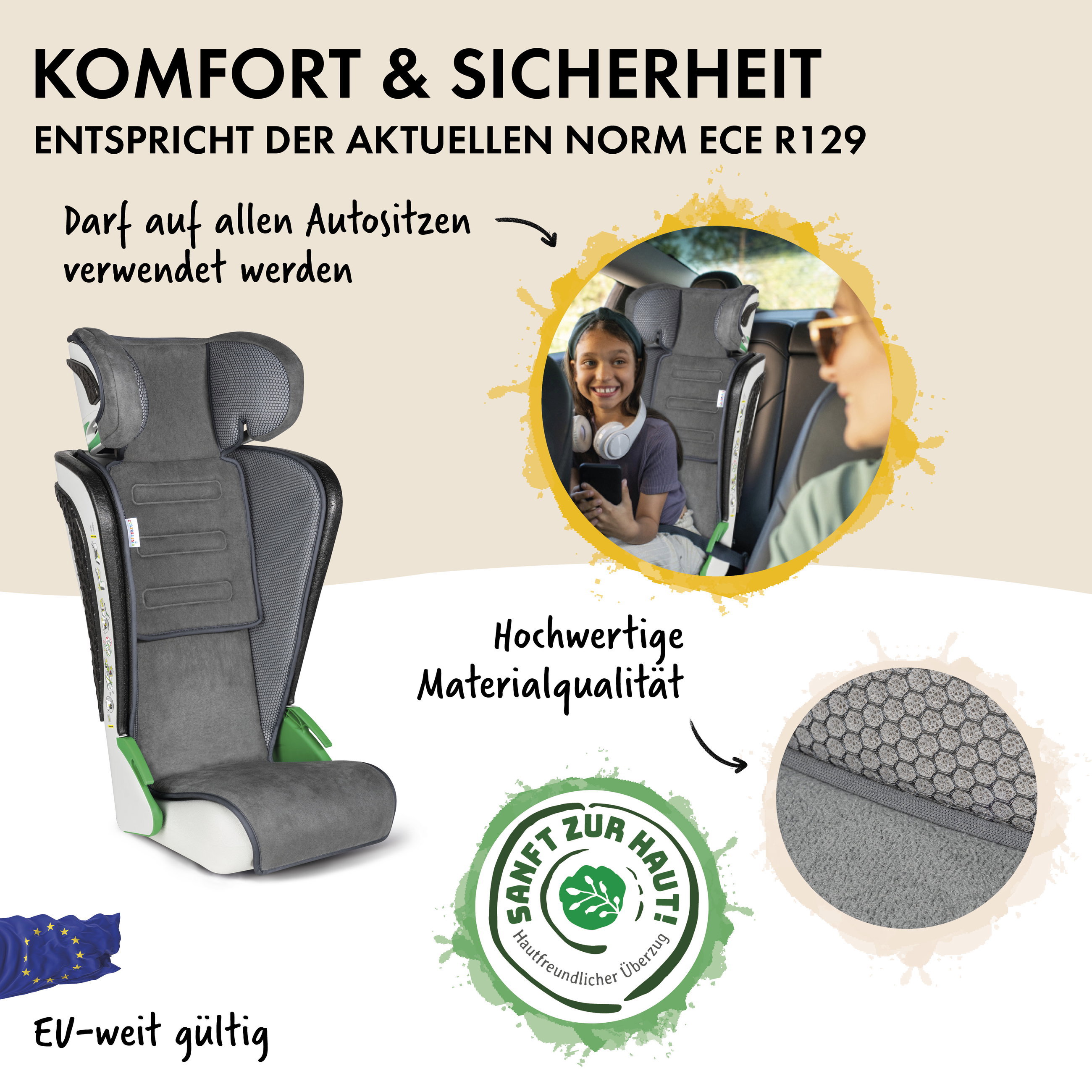 Autositze, Kindersitz, Grau, Stoff, Sitzpolster, autositze, kindersitz, hautfreundlich, materialqualität, eu-weit gültig