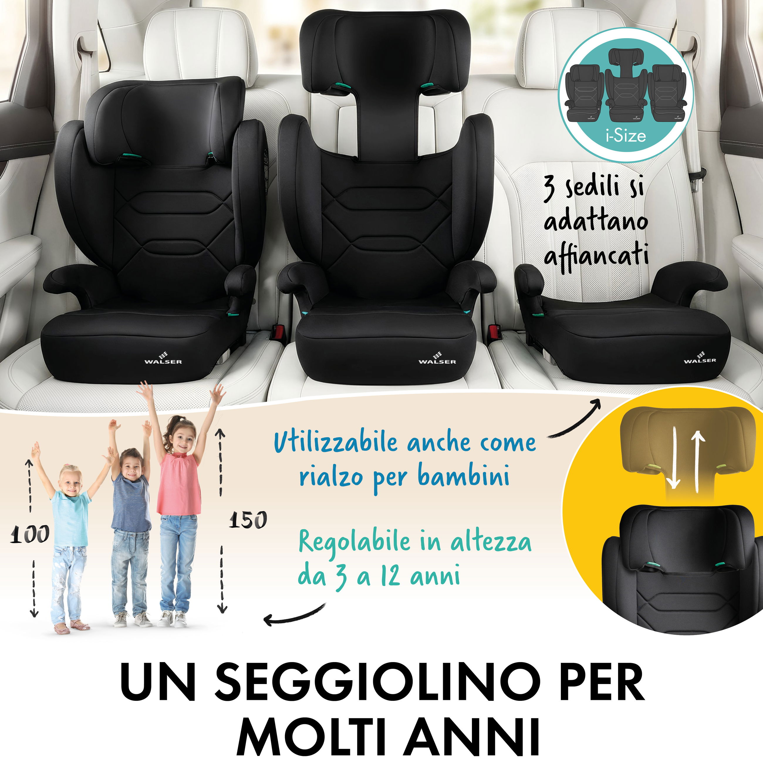 Kinder-Autokindersitz, Sitzanpassung, 3 Sitze, Verstellbar, i-Size, Kindersitz, Autositze, 8-12 Jahre, 3 Sitze, i-Size, Kindersitz, Autositze, Verstellbar, i-Size, Kinderkraft, child car seat, adjustable height, 3 seats convertible, i-Size, black color