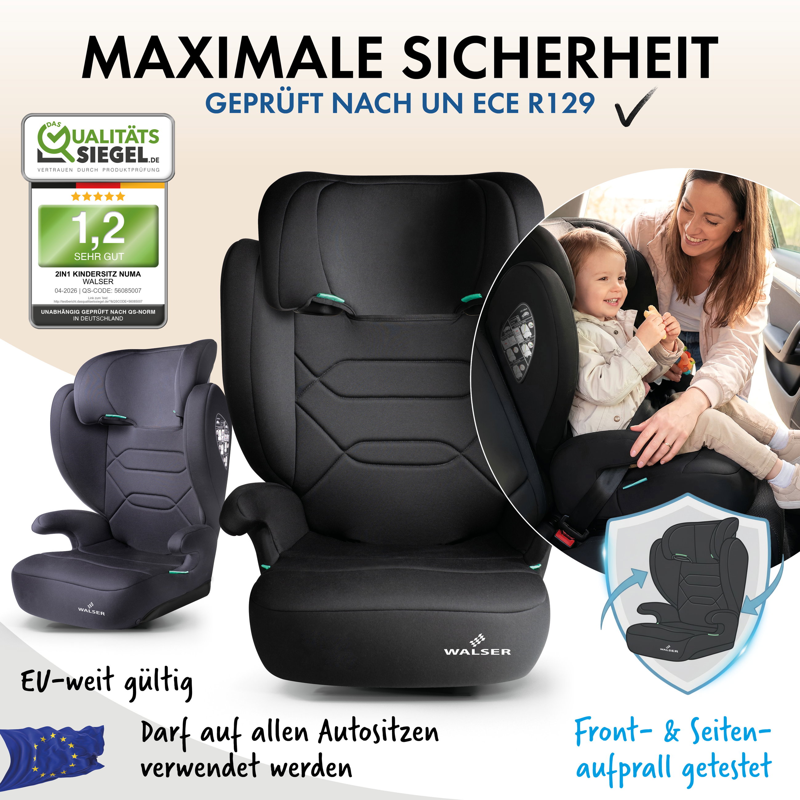 Kindersitz Auto Numa, bequemer Kindersitz (3-8 Jahre) 100-150 cm, 2in1 Auto Kindersitz mit abnehmbarer Rückenlehne und mitwachsender Kopfstütze ECE R 129 geprüft schwarz