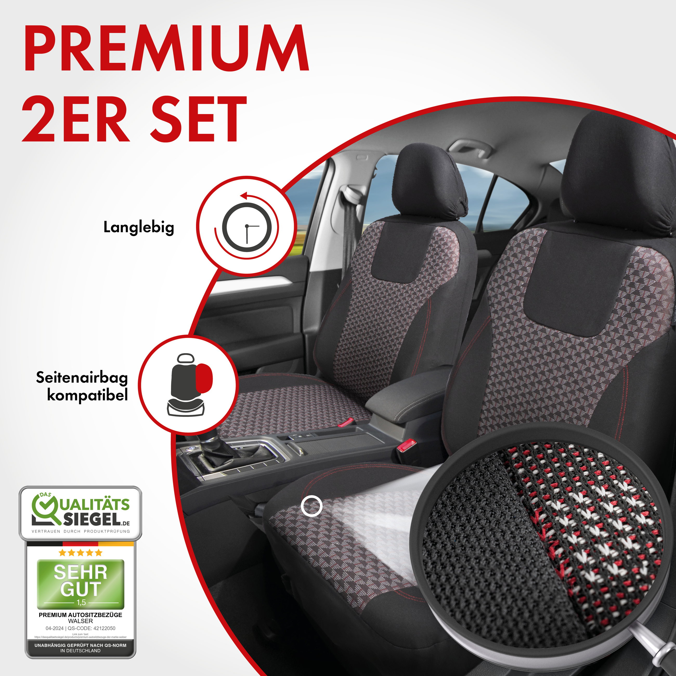 Autositzbezug ZIPP-IT Premium Redring, PKW-Schonbezüge für 2 Vordersitze mit Reißverschluss-System schwarz/rot