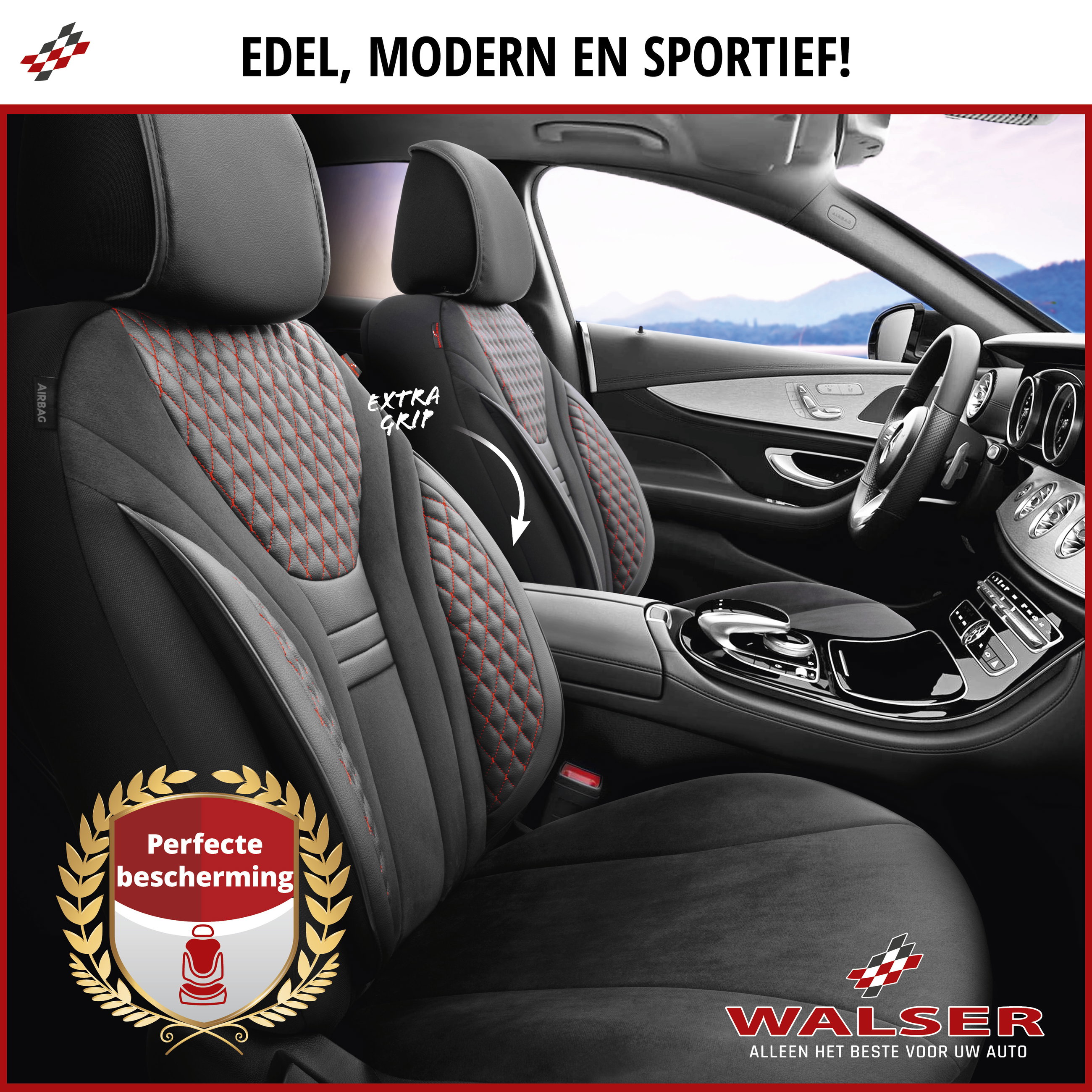 Premium autozetelhoezen Balmoral met rits, ZIPP-IT zetelhoezen, 2 zetelhoezen vooraan zwart/rood