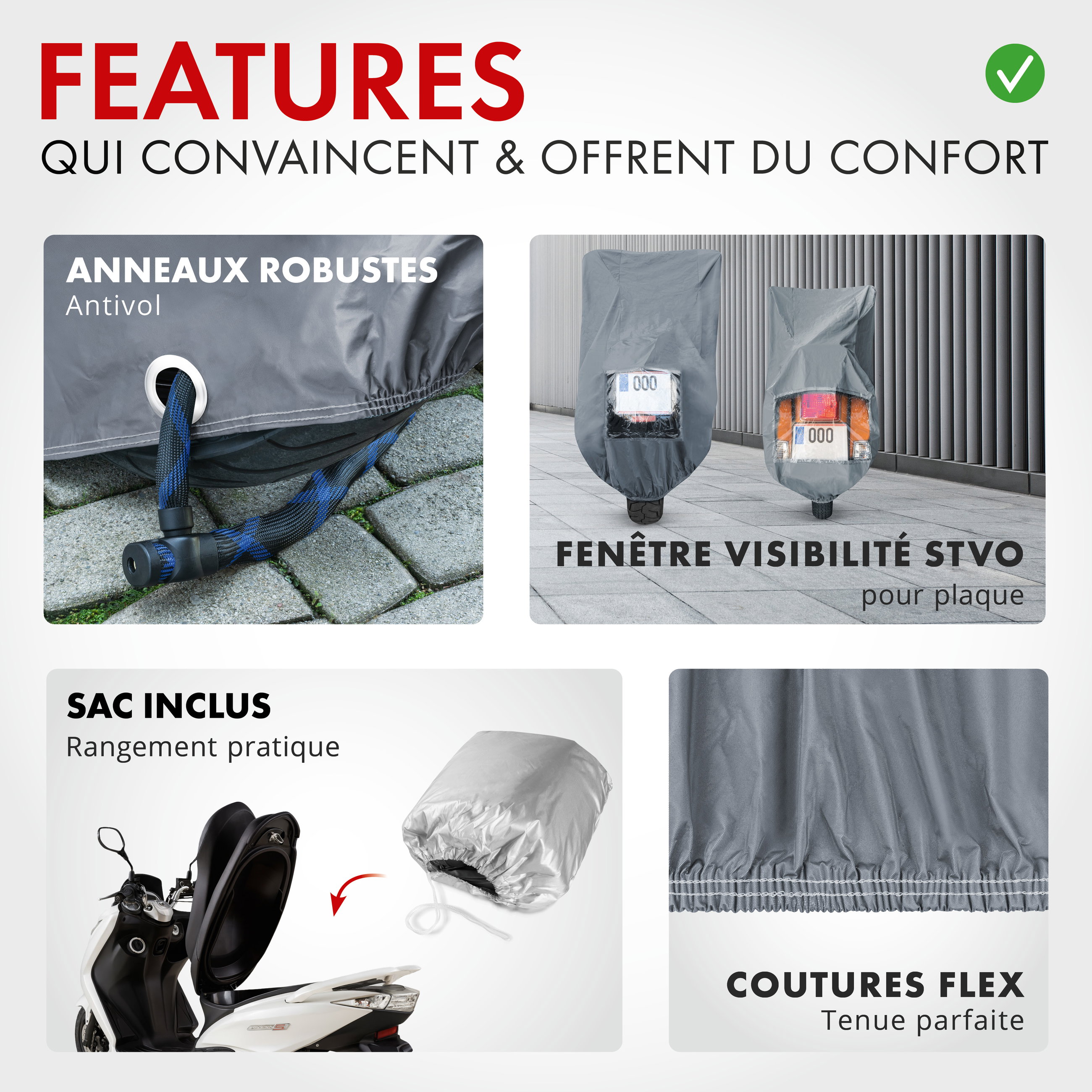 Premium Bâche de protection pour moto XL, Bâche de protection pour moto en PVC robuste, Garage pour moto étanche - 255x110x135 cm gris