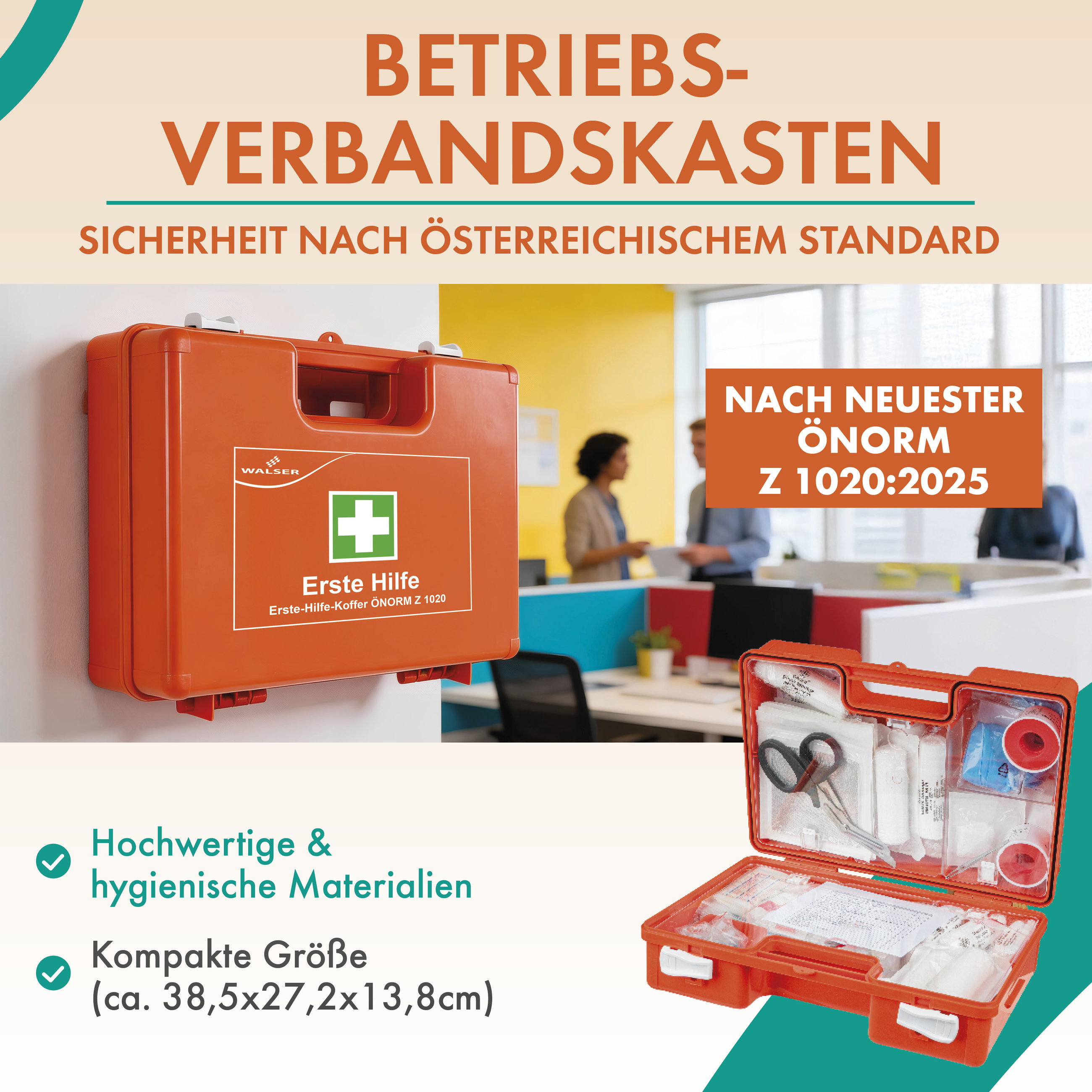 Erste-Hilfe-Set nach Ö-Norm Z1020:2025, Betriebsverbandskasten inkl. Wandhalterung, 66-teiliger Sanitätskasten, Verbandsksten für Betriebe und Baustellen, Erste Hilfe Kasten für Büro/Zuhause