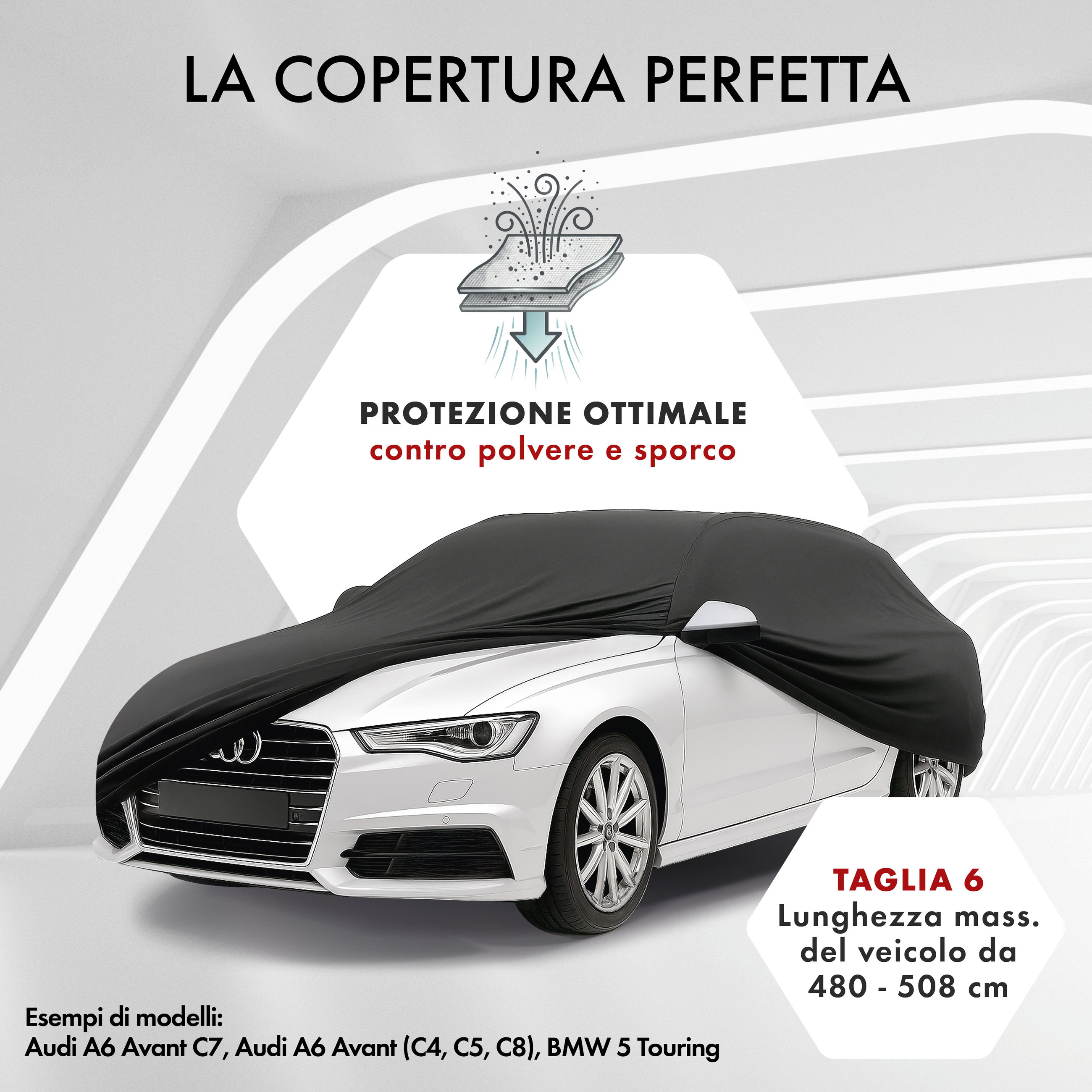 Telo Copriauto da interno Indoor Stretch, Copertura protettiva per uso interno Misura 6 station wagon nero