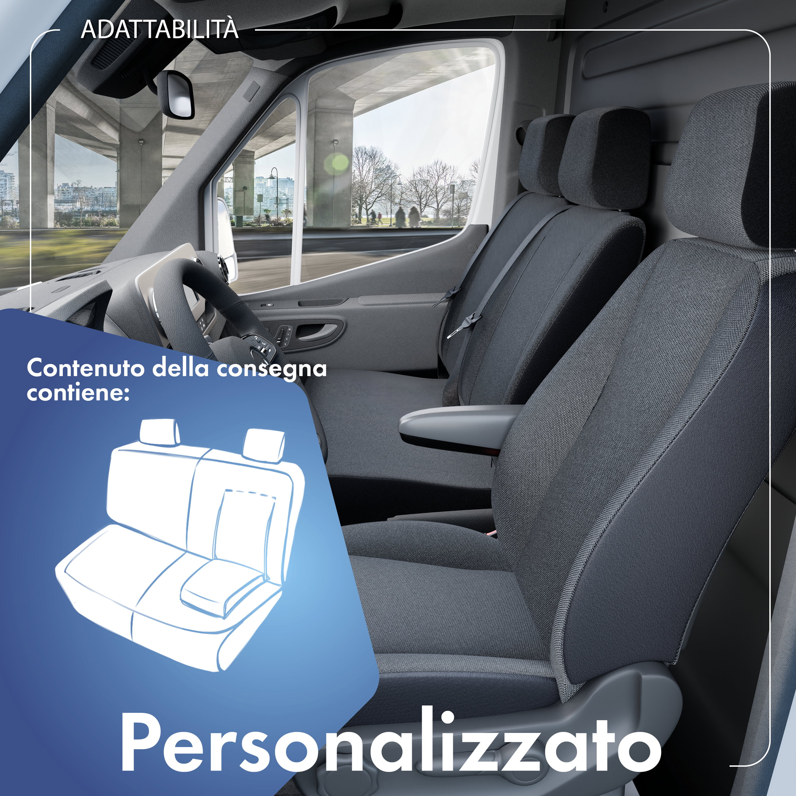Transporter Coprisedili in tessuto per Ford Transit, Panca doppia divisibile nella parte anteriore (incavo per tavolo)