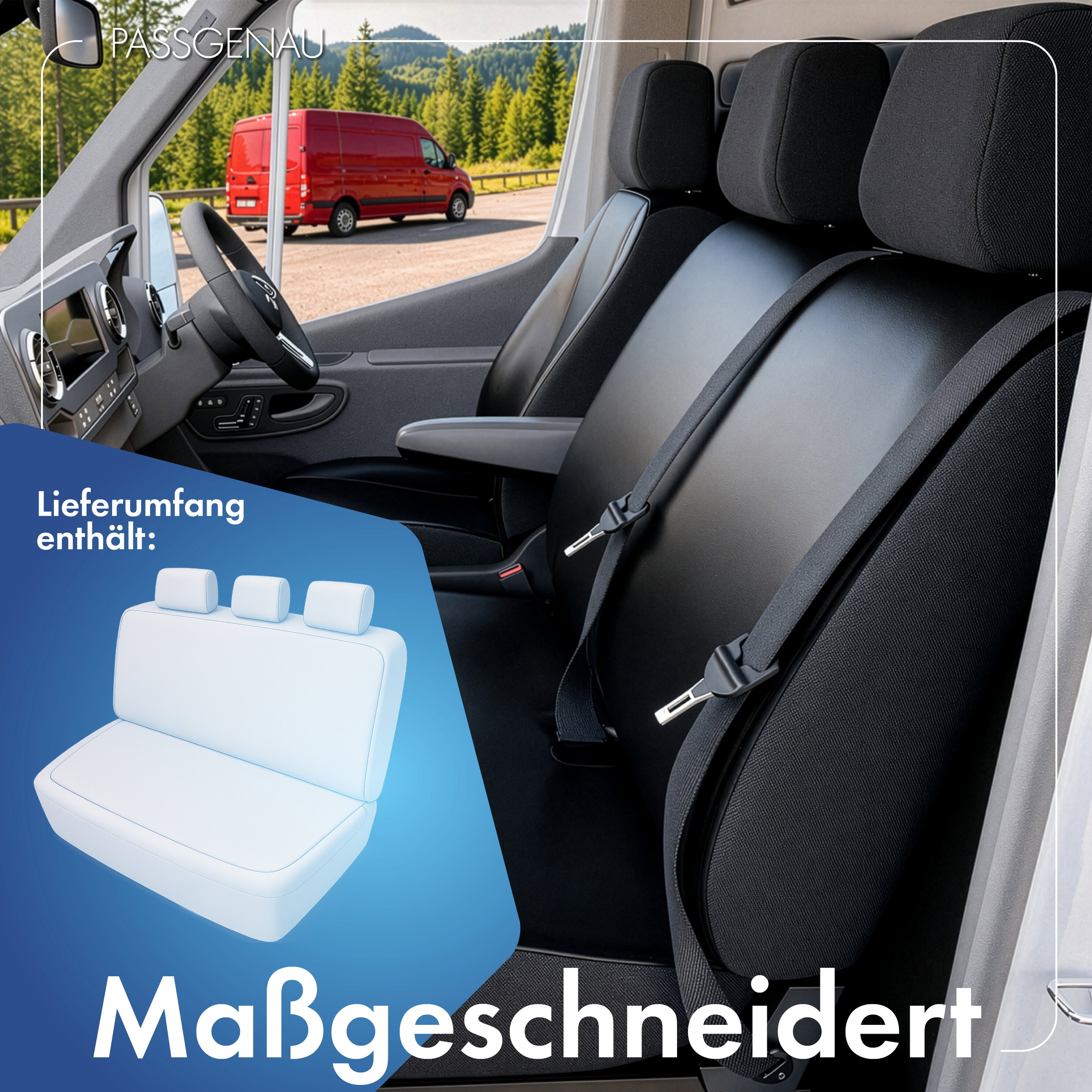 VW T6 kompatibler Sitzbezug Kunstleder, passgenau für 3er Bank, robuste Sitzbezüge Transporter/Van anthrazit