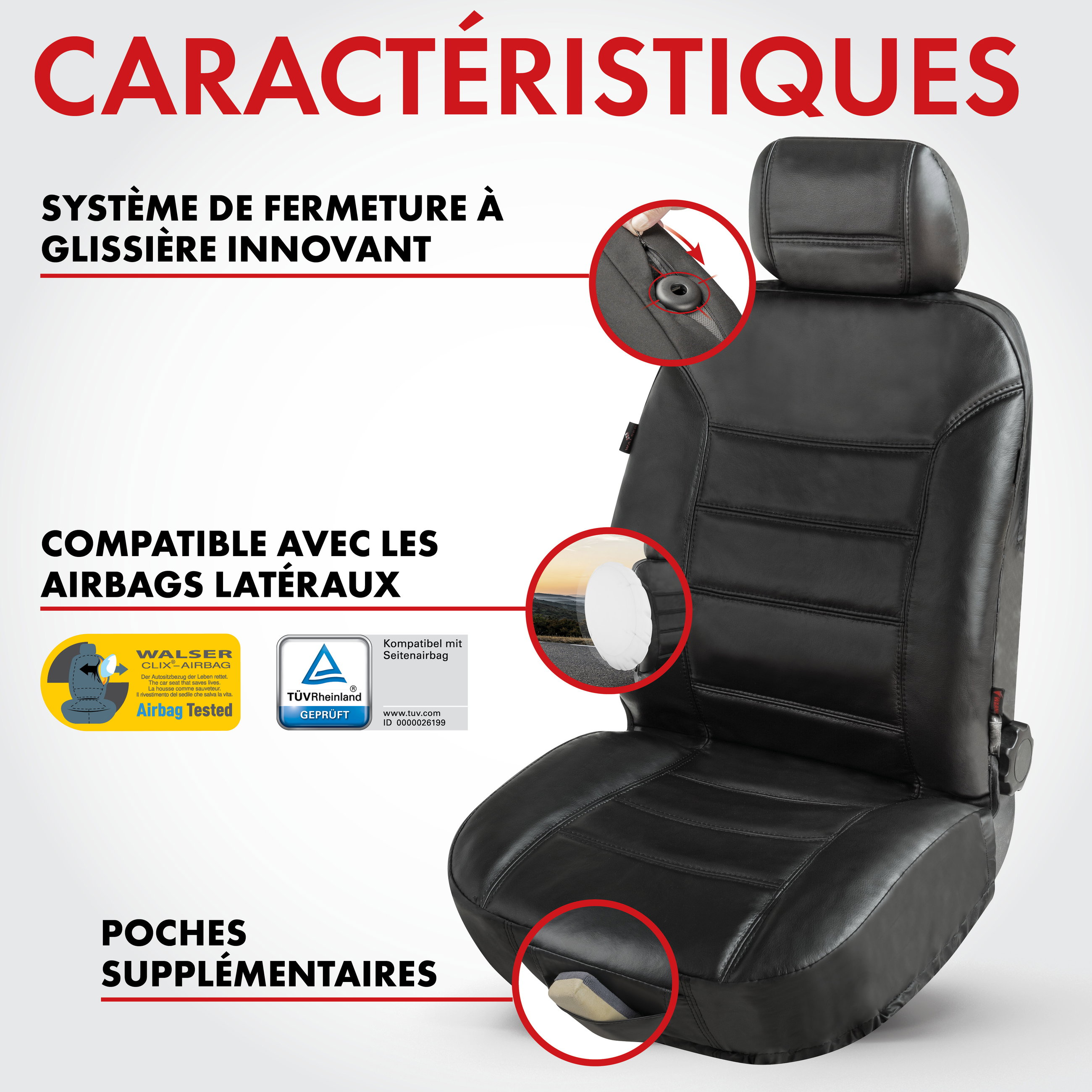 Housse de siège Billy en cuir véritable noir ZIPP-IT, 1 pièce