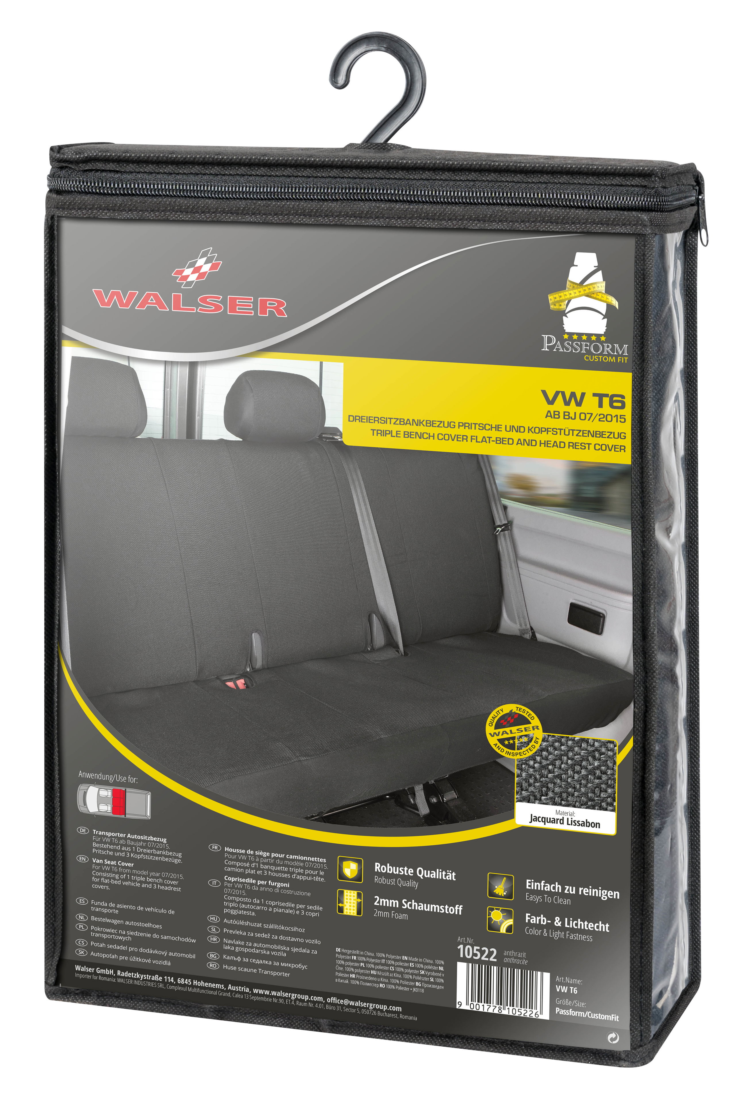 VW T6 kompatibler Sitzbezug Stoff, passgenau für 3er Bank, robuste Sitzbezüge Transporter/Van anthrazit