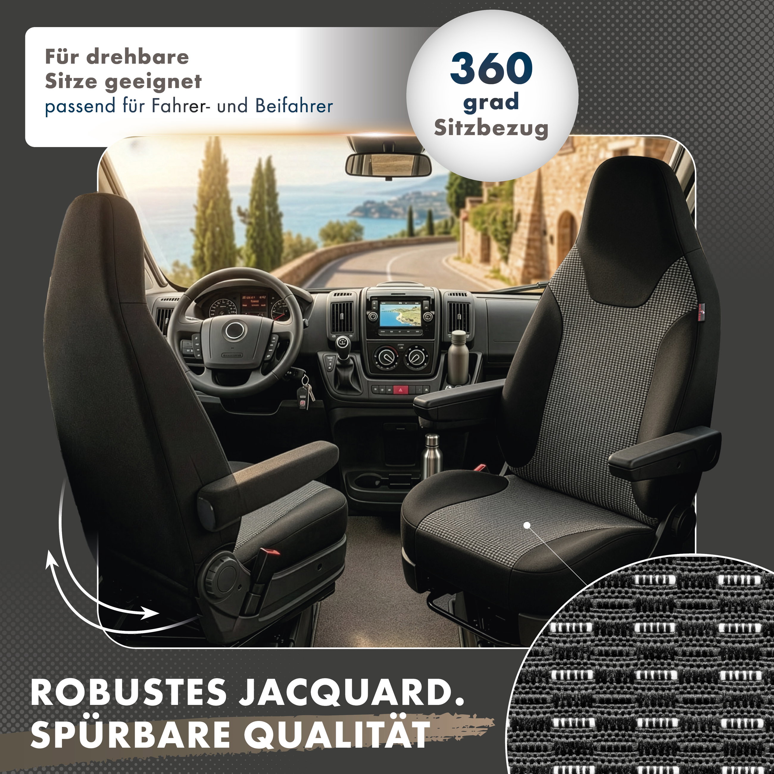 auto interior, van seats, car seats, jacquard fabric, 360 degree seating, Autofahrzeug-Sitze, Vordersitze, Kopfstütze?