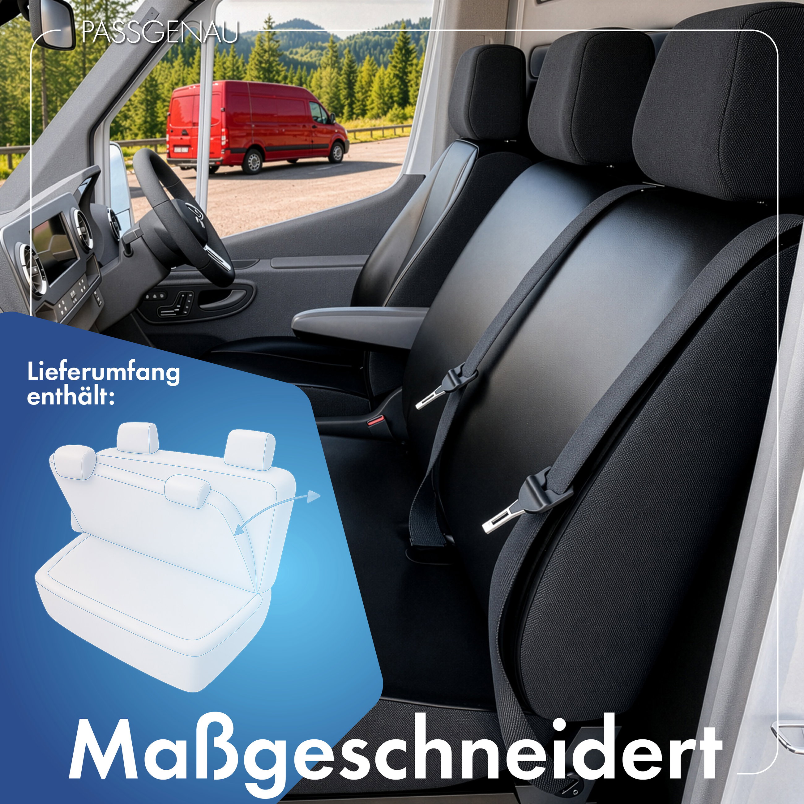 VW T6/Caravelle T6 kompatibler Sitzbezug Kunstleder, passgenau für Doppelbank vorne Lehne klappbar, robuste Sitzbezüge Transporter/Van anthrazit