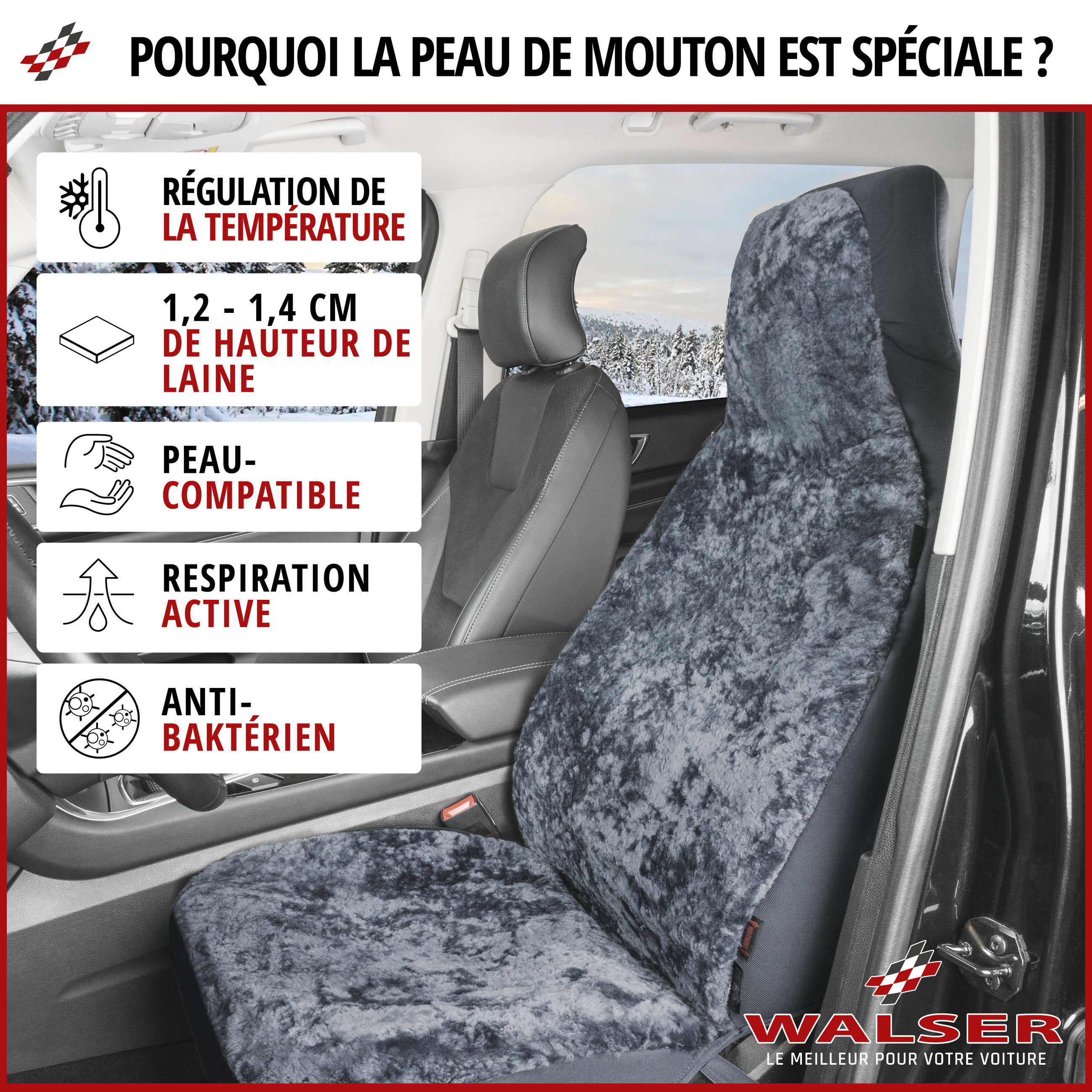 Housse de siège Zoya en agneau anthracite avec système informatique ZIPP pour les siège à haut dossier, 1 pièce