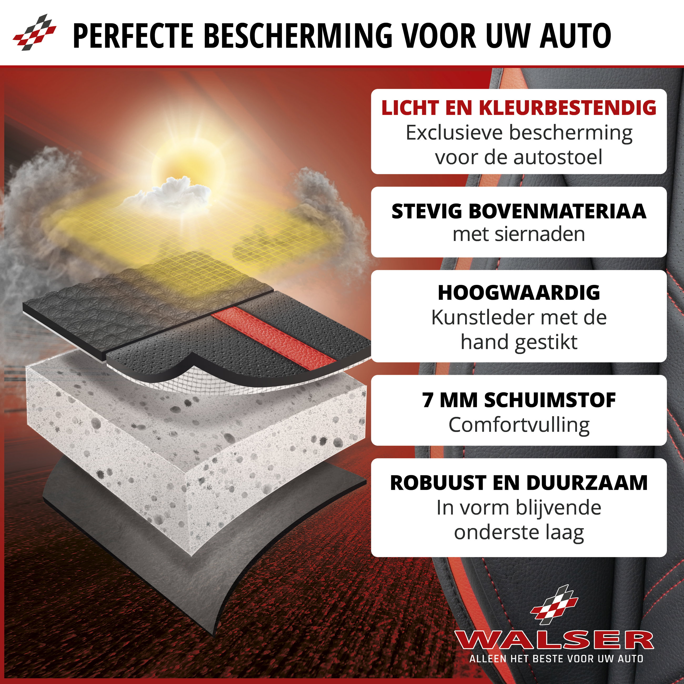 Autostoelhoes, universele stoelhoes en beschermmat in zwart-rood, stoelbeschermer voor auto's en vrachtwagens in racing look, 1 stuk