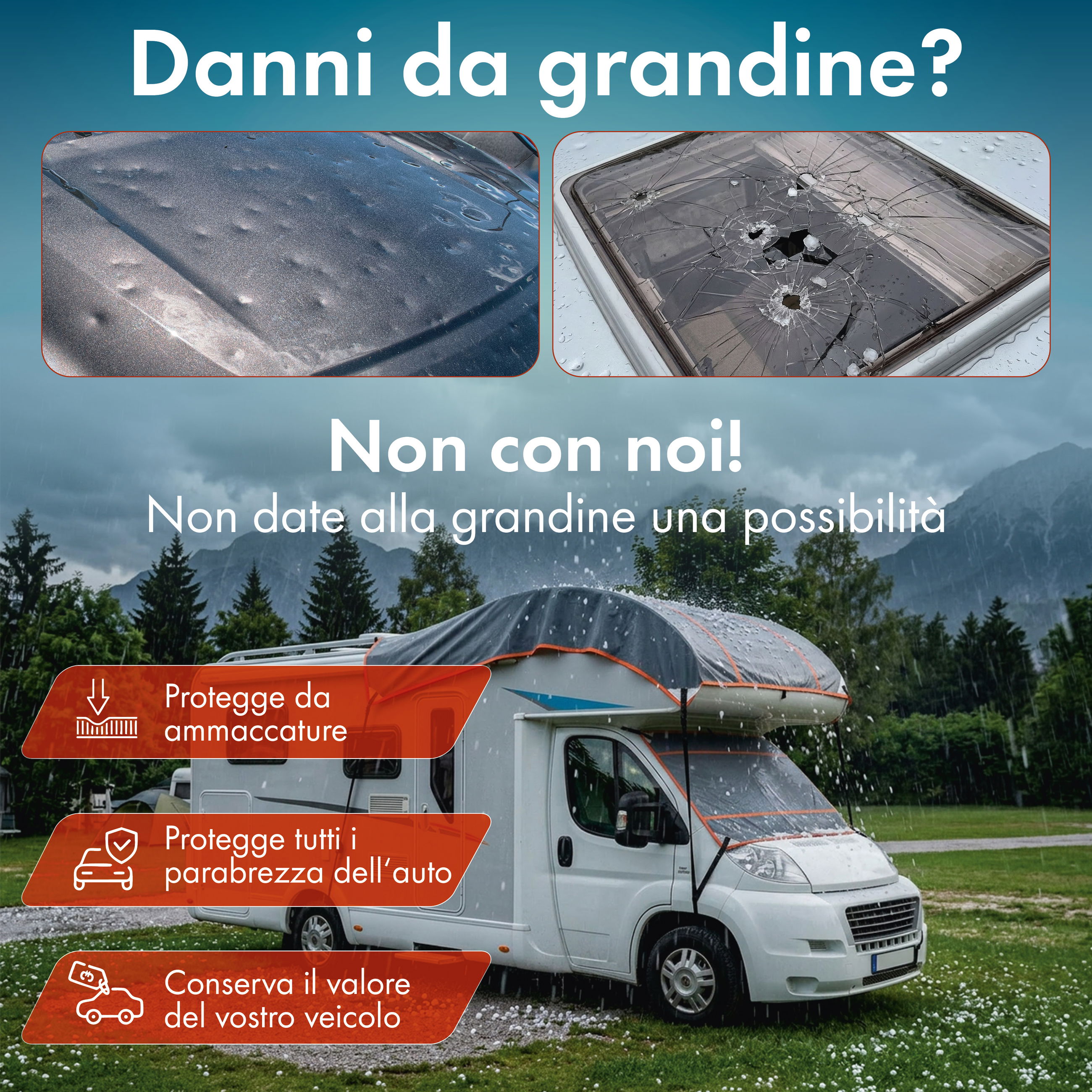 Wohnwagen, Camper, Dachschaden, zersplitterte Windschutzscheibe, Graues Fahrzeug, camping-car, wohnmobil, regen, risse, wasserschaden, Wohnmobil, Campingbus, Regenwasser, Windschutz, Schäden, camping-car, camper, caravan, awning, damaged-windows