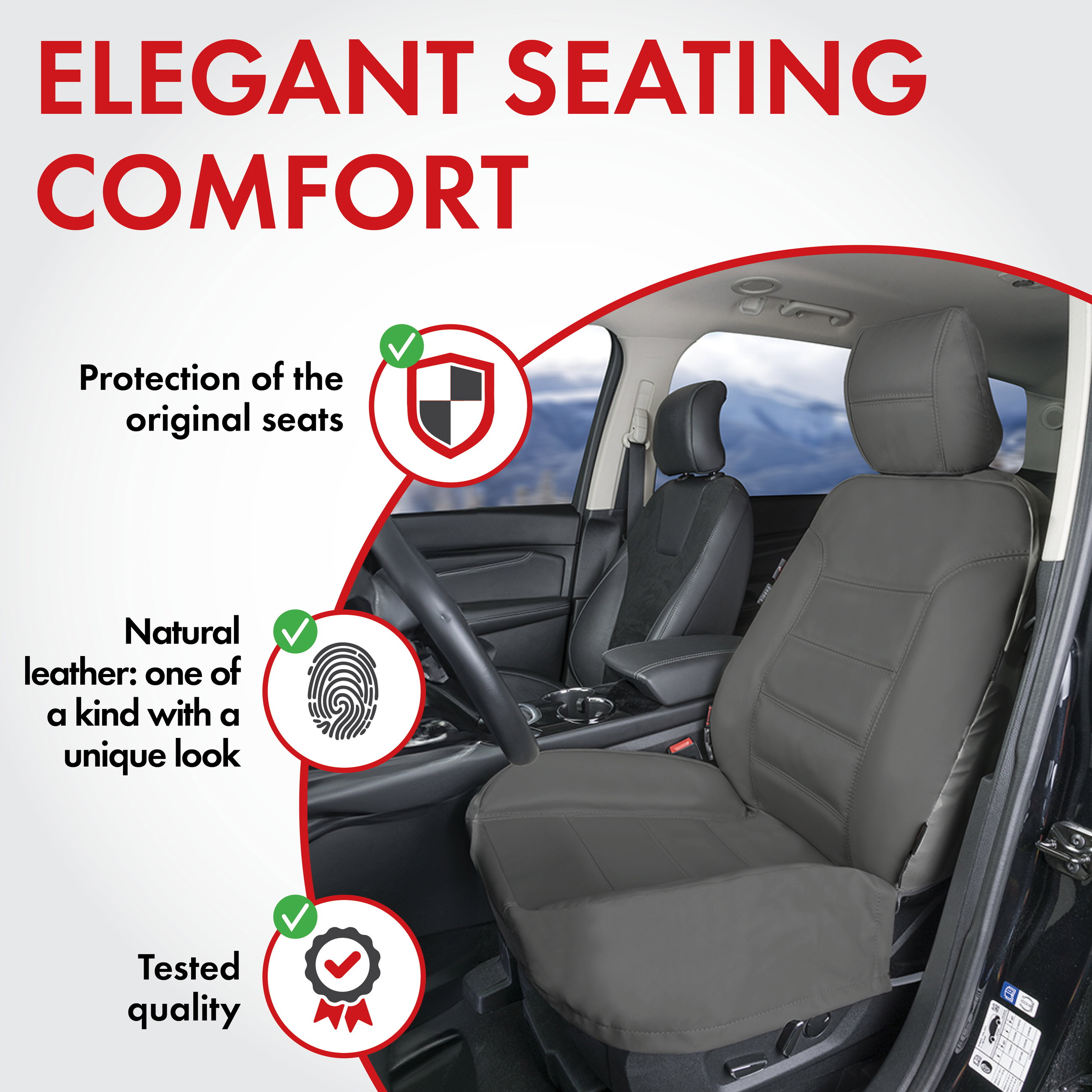 Car Seat cover Billy in real leather grey ZIPP-IT, 1 piece