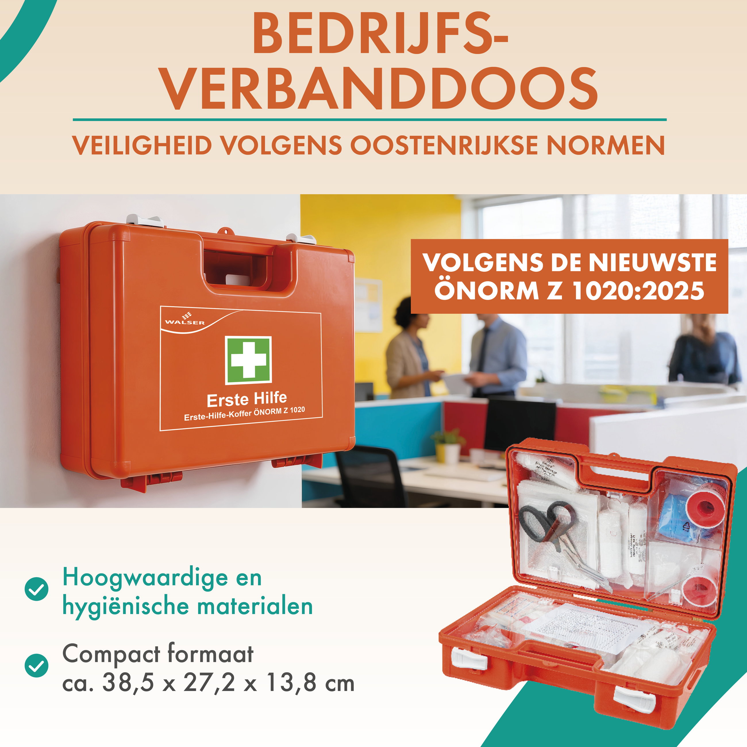 EHBO-set volgens Oostenrijkse norm Ö-Norm Z1020:2025, bedrijfsverbandkist incl. wandhouder, 66-delige EHBO-koffer, verbandkist voor bedrijven en bouwplaatsen, EHBO-koffer voor kantoor/thuis